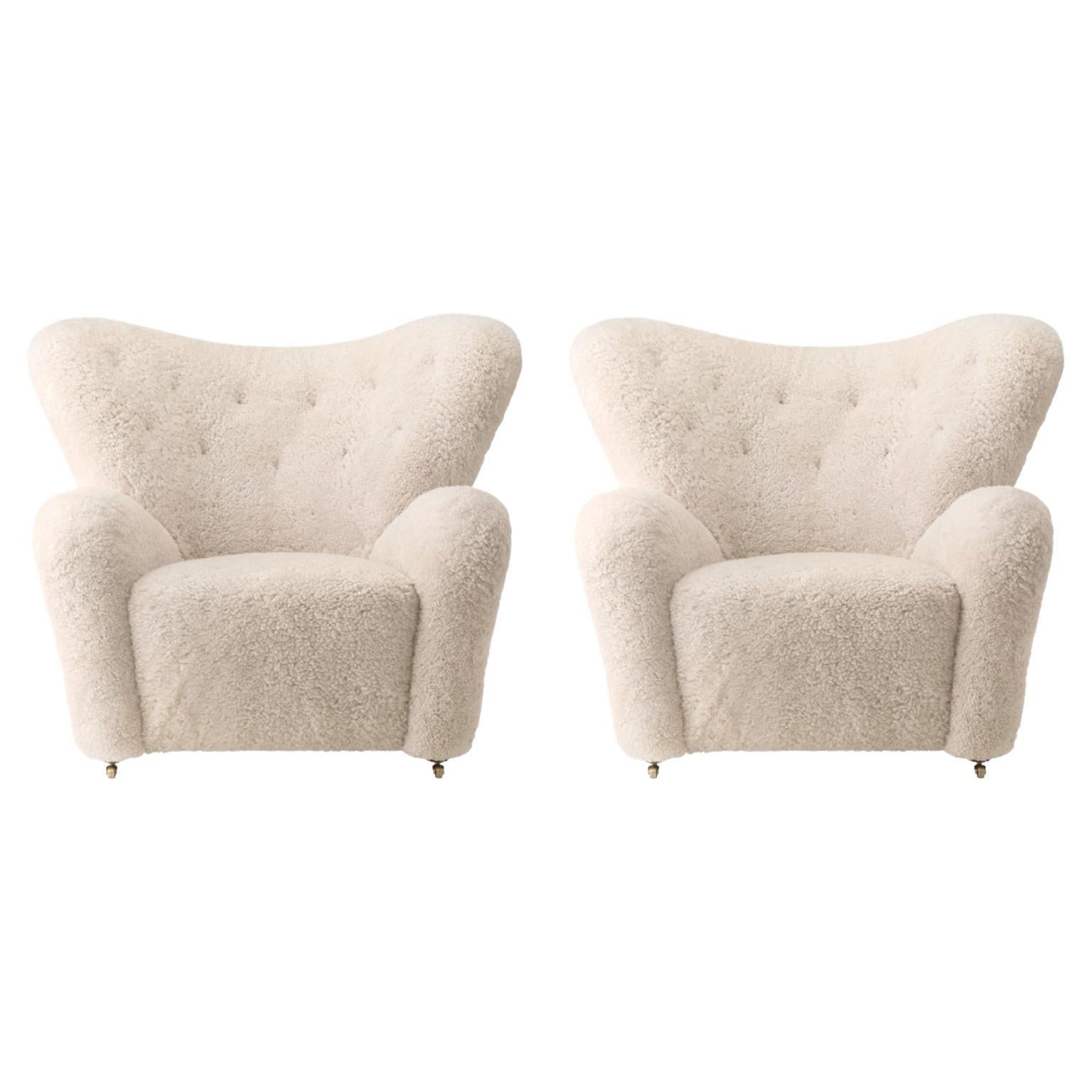 Set of 2 Moonlight Sheepskin the Tired Man Lounge Chair by Lassen For Sale