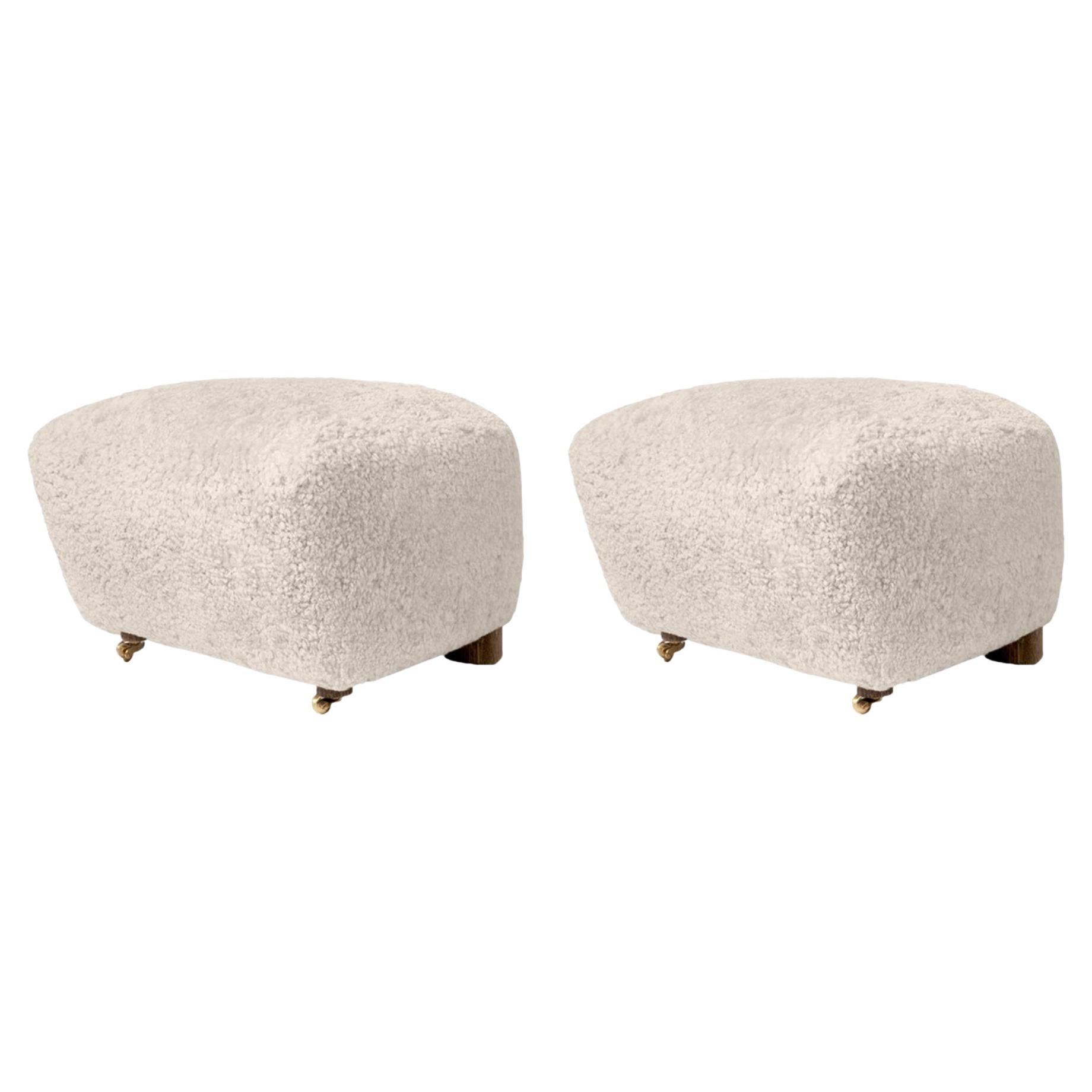 Set of 2 Moonlight Smoked Oak Sheepskin the Tired Man Footstools by Lassen