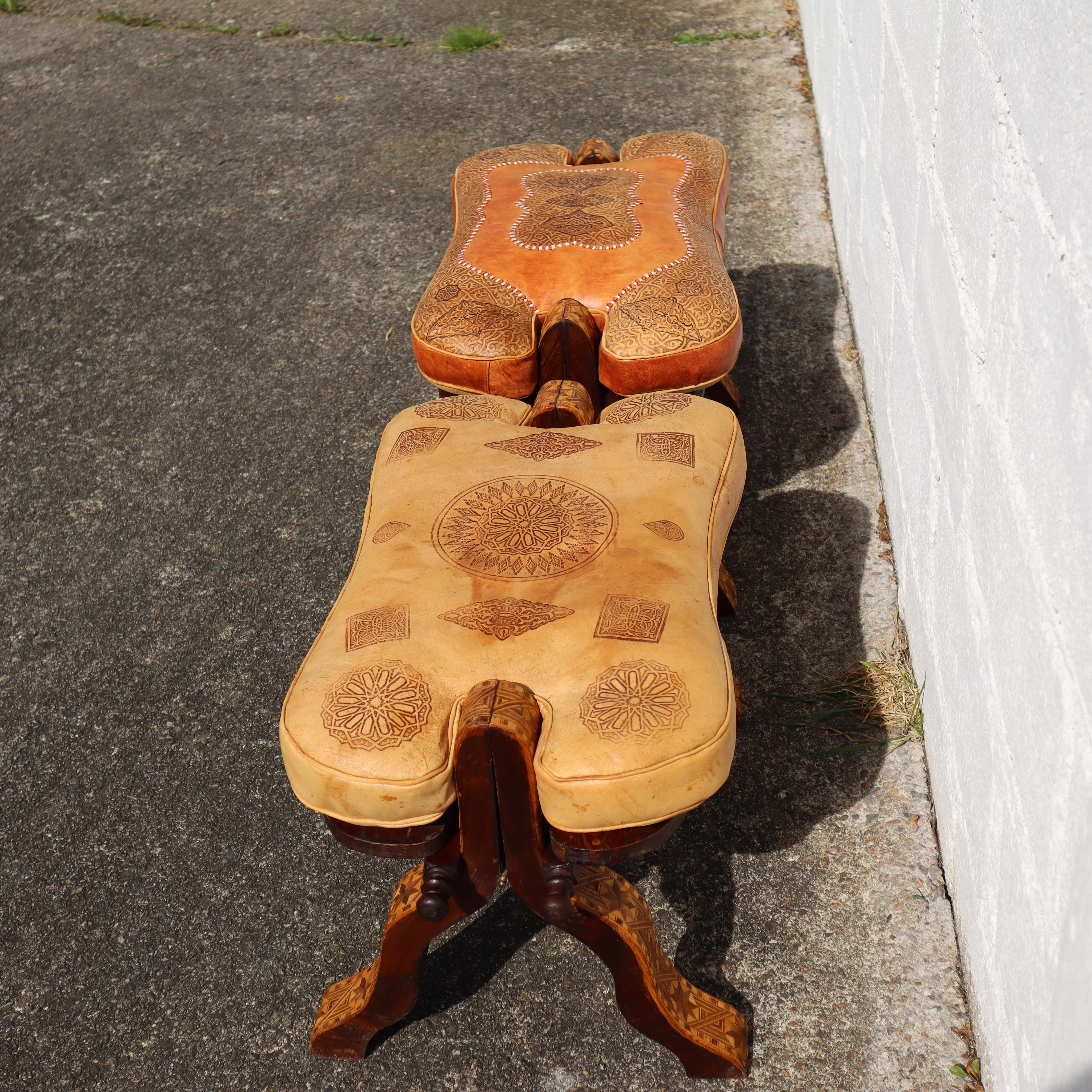 Late 20th Century Set of 2 Moroccan Camel Stools-Moroccan Dromedar-Saddle-Ottoman-Stools For Sale