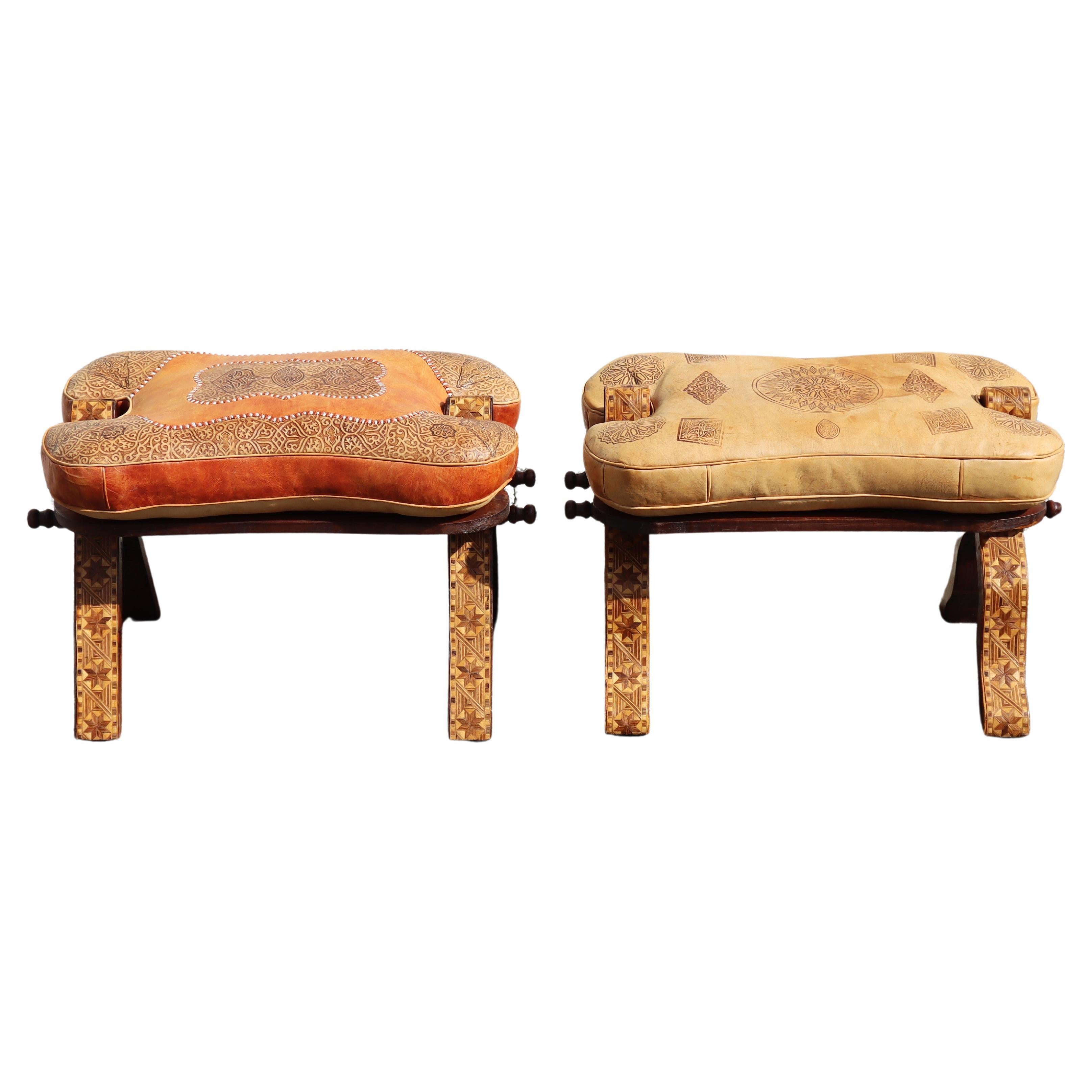 Set of 2 Moroccan Camel Stools-Moroccan Dromedar-Saddle-Ottoman-Stools For Sale