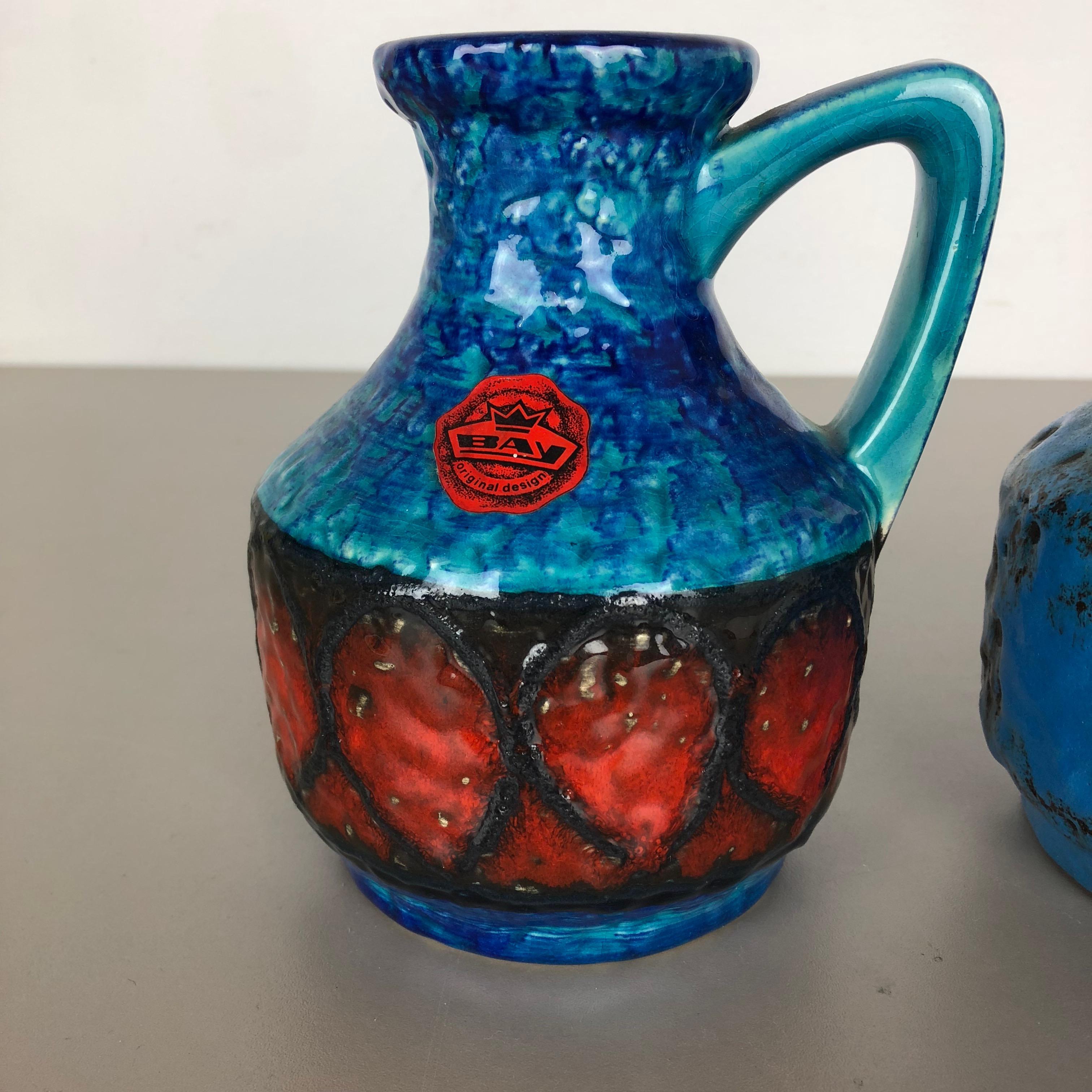 Mid-Century Modern Set of 2 Multi-Color Fat Lava Op Art Pottery Vase 