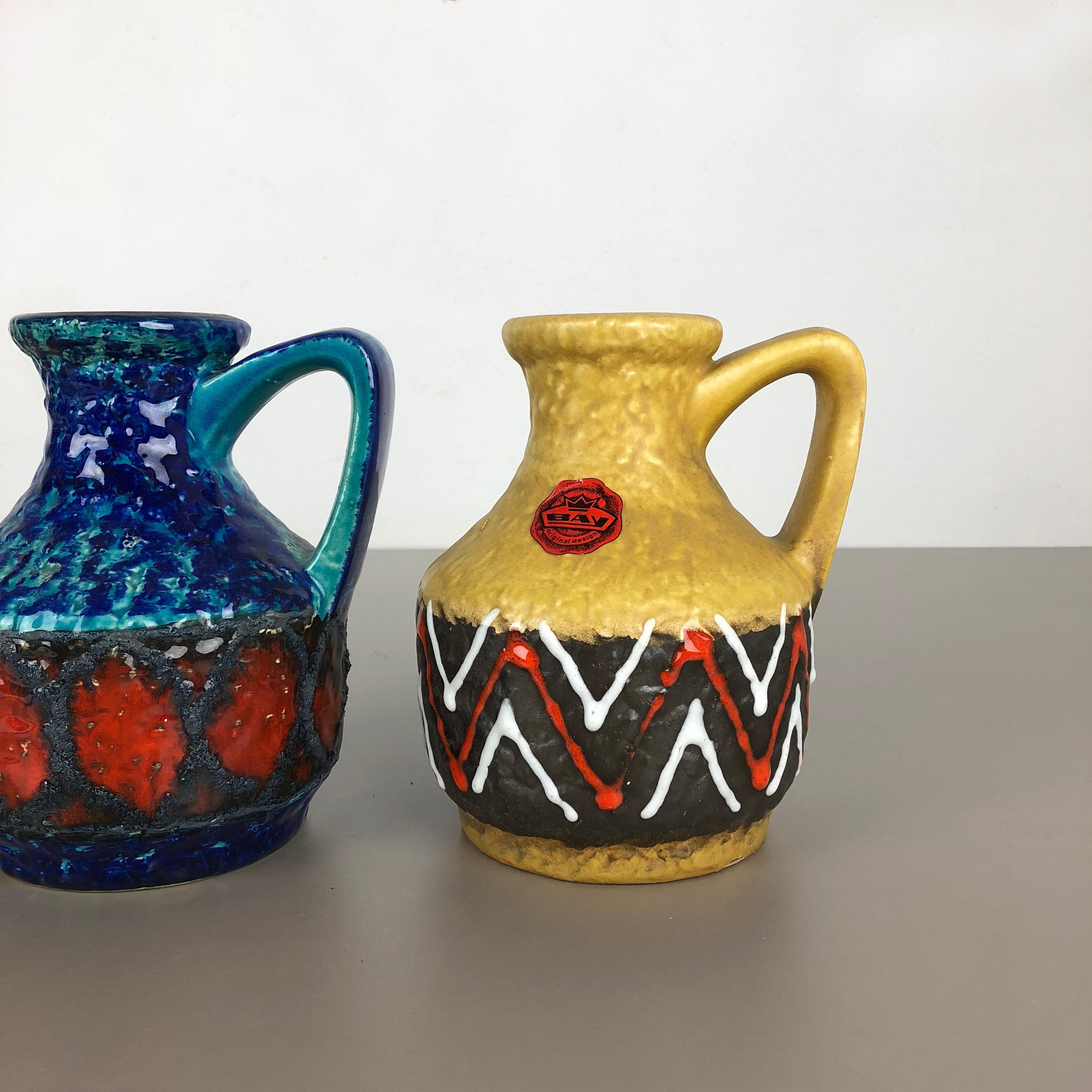 Mid-Century Modern Set of 2 Multi-Color Fat Lava Op Art Pottery Vase 
