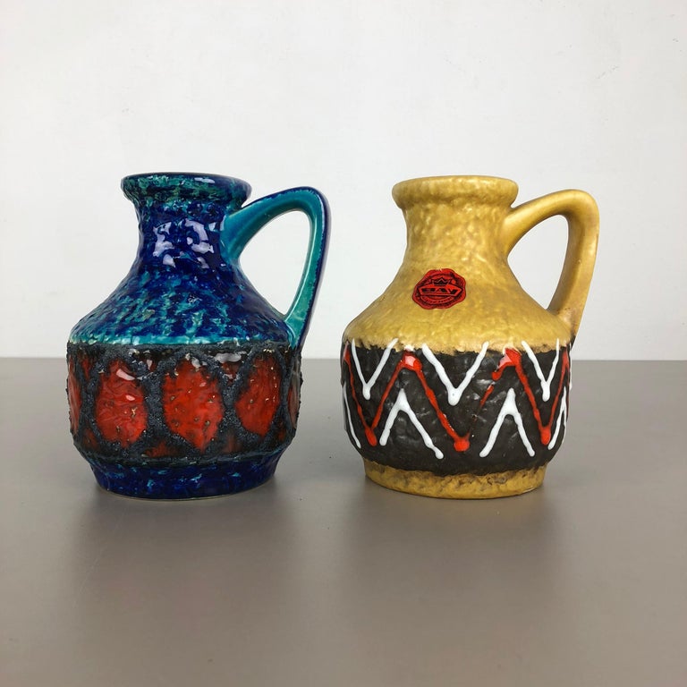 Set of 2 Multi-Color Fat Lava Op Art Pottery Vase 