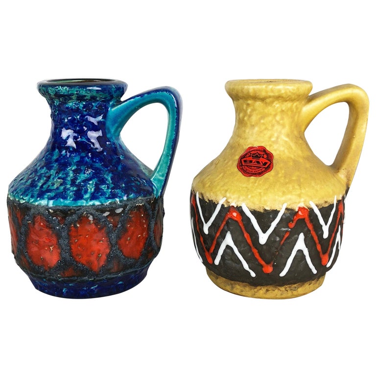 Set of 2 Multi-Color Fat Lava Op Art Pottery Vase "215-17" Bay Ceramics, Germany For Sale