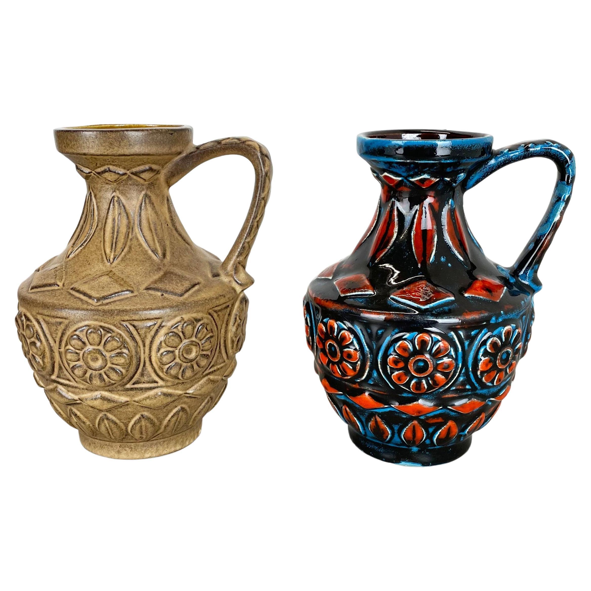 Ensemble de 2 vases en poterie d'art optique lave grasse multicolore par Bay Ceramics Allemagne, années 1960
