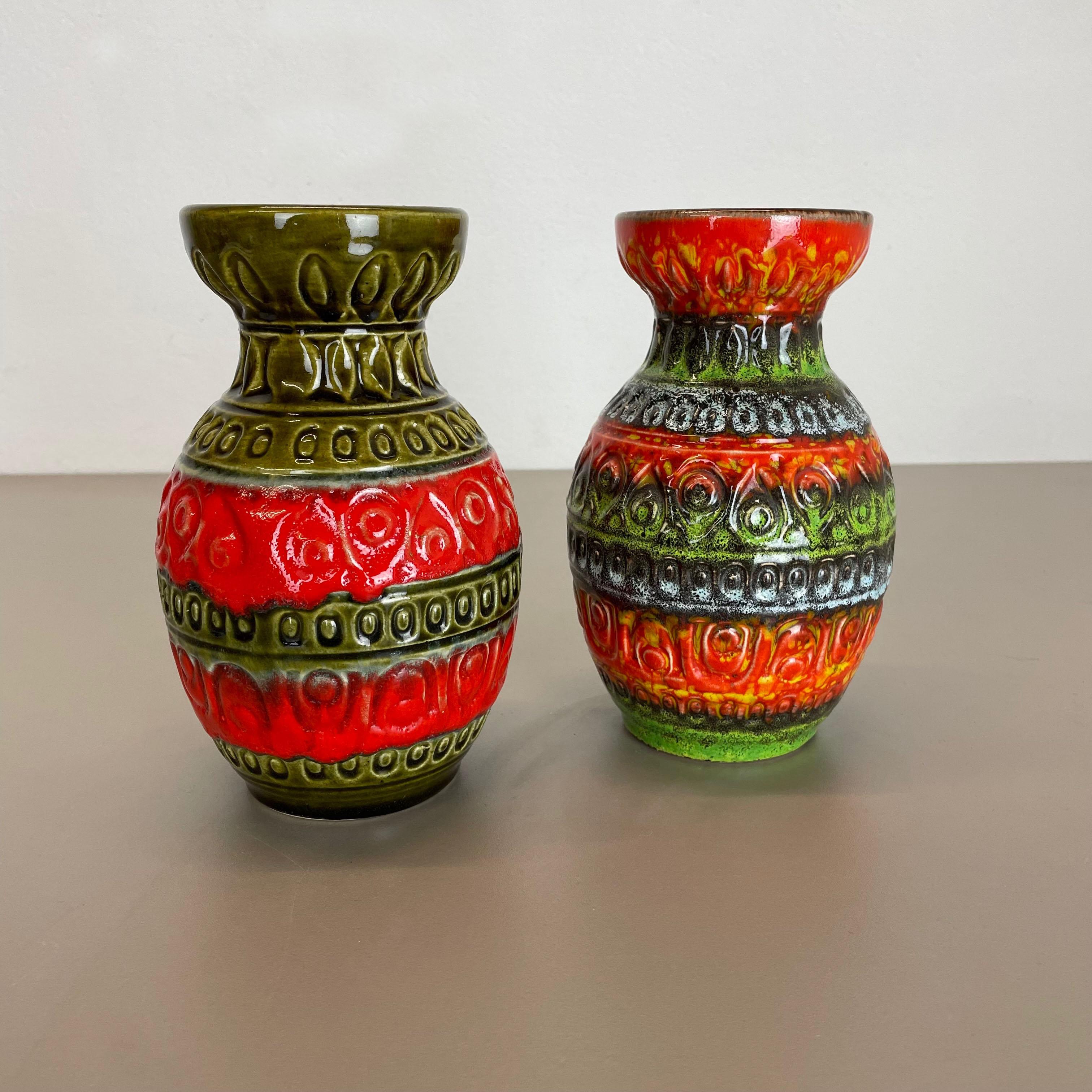 Mid-Century Modern Set of 2 Multi-Color Fat Lava Op Art Pottery Vase by Bay Ceramics Germany, 1970s For Sale