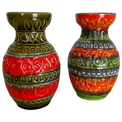 Ensemble de 2 vases en poterie d'art optique lave grasse multicolore par Bay Ceramics Allemagne, 1970