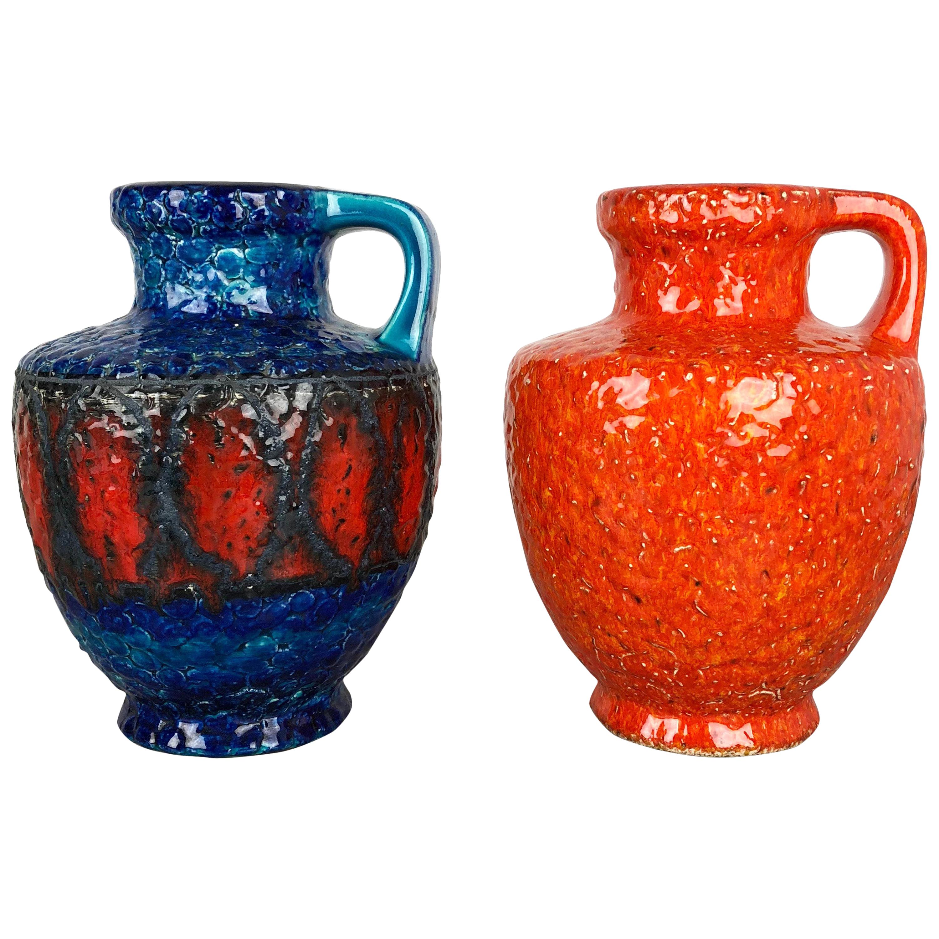 Set of 2 Multi-Color Fat Lava Op Art Pottery Vase Made Bay Ceramics, Germany For Sale
