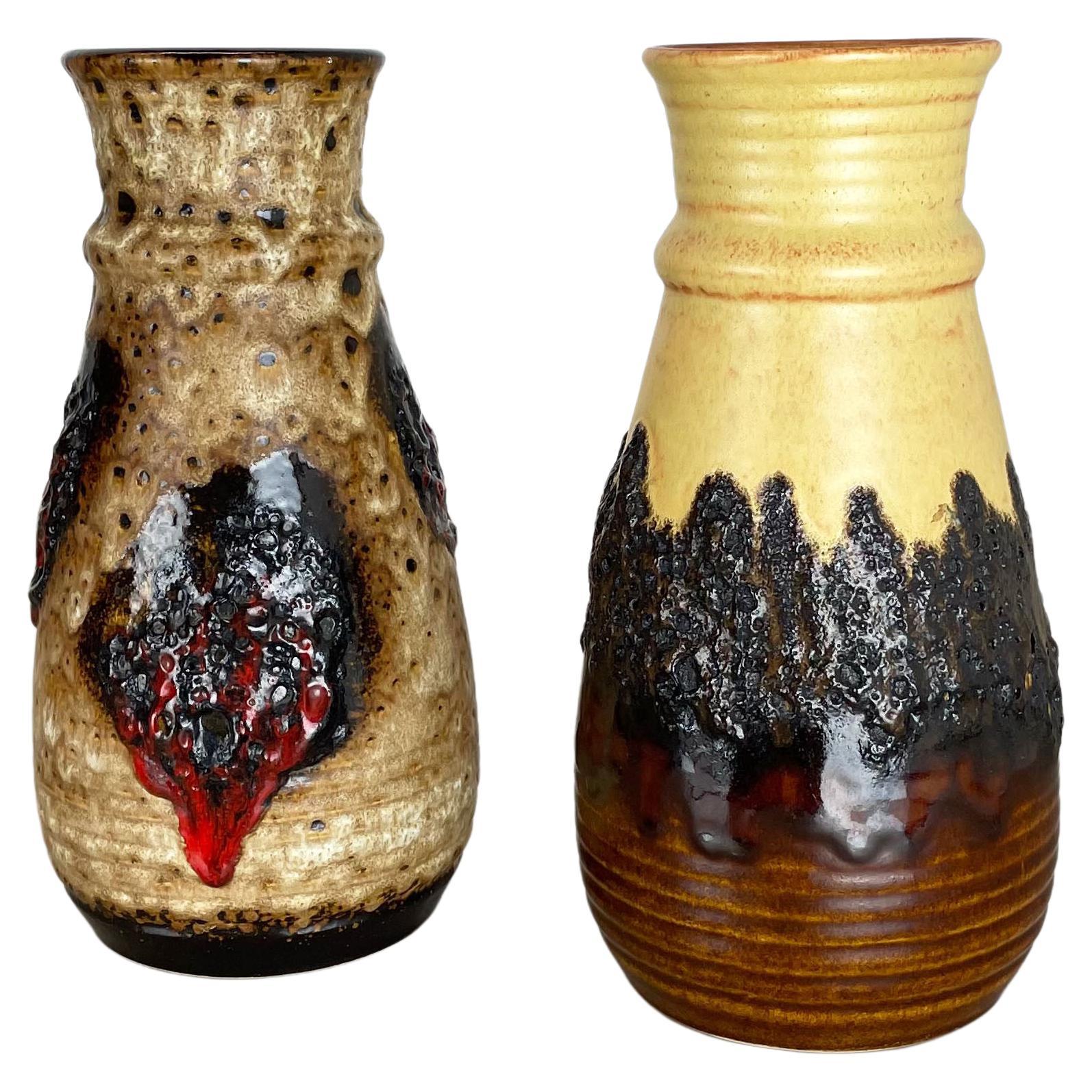 Ensemble de 2 vases en poterie d'art optique lave grasse multicolore fabriqués à Bay Ceramics, Allemagne