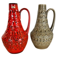 Used Set of 2 Multi-Color Fat Lava Op Art Pottery Vase Made Bay Ceramics, Germany
