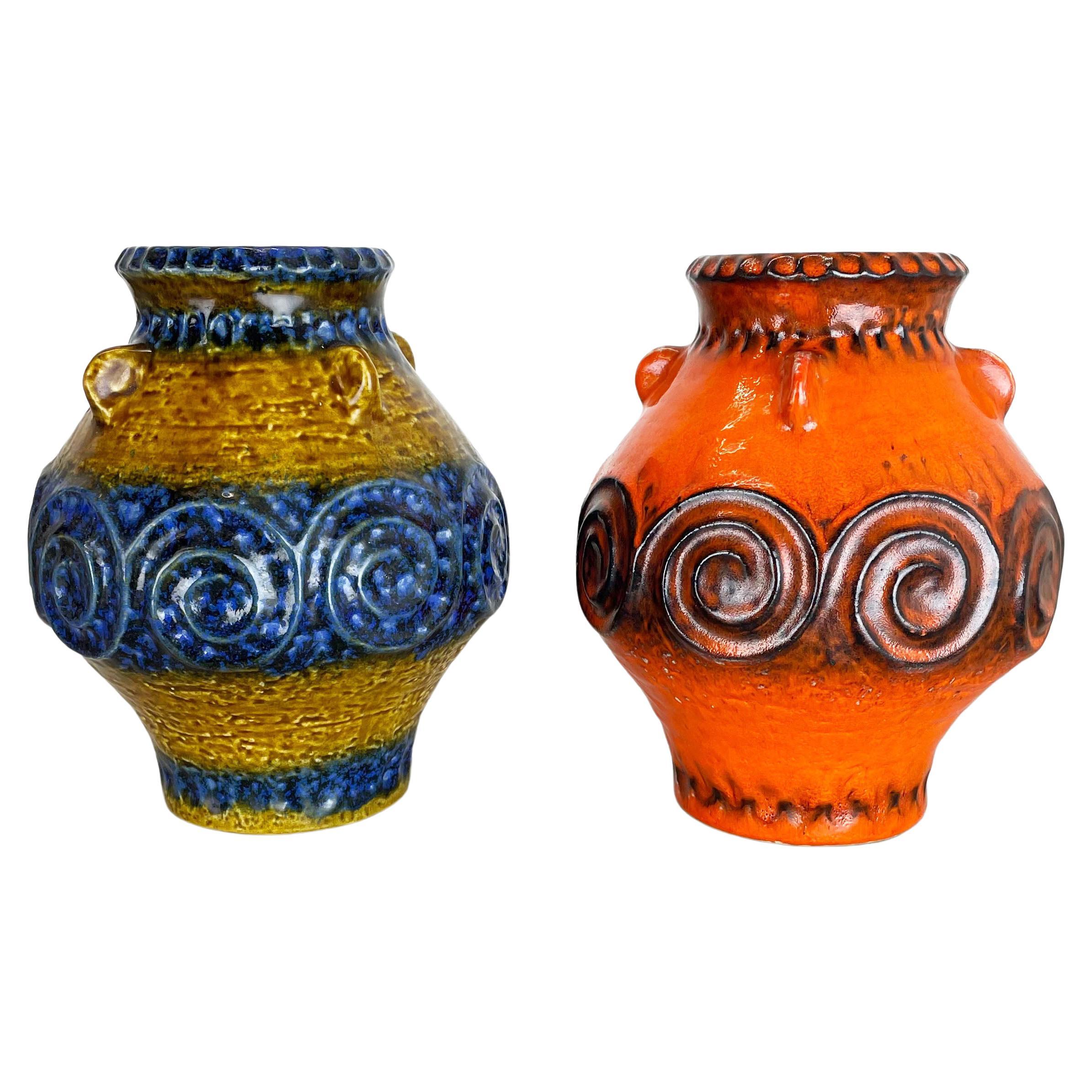 Ensemble de 2 vases en poterie d'art optique lave grasse multicolore fabriqués par JASBA Ceramics Allemagne