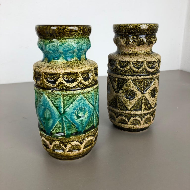 Set of 2 Multi-Color Op Art Pottery Vase by Bay Ceramics, Germany, 1960s For Sale 7