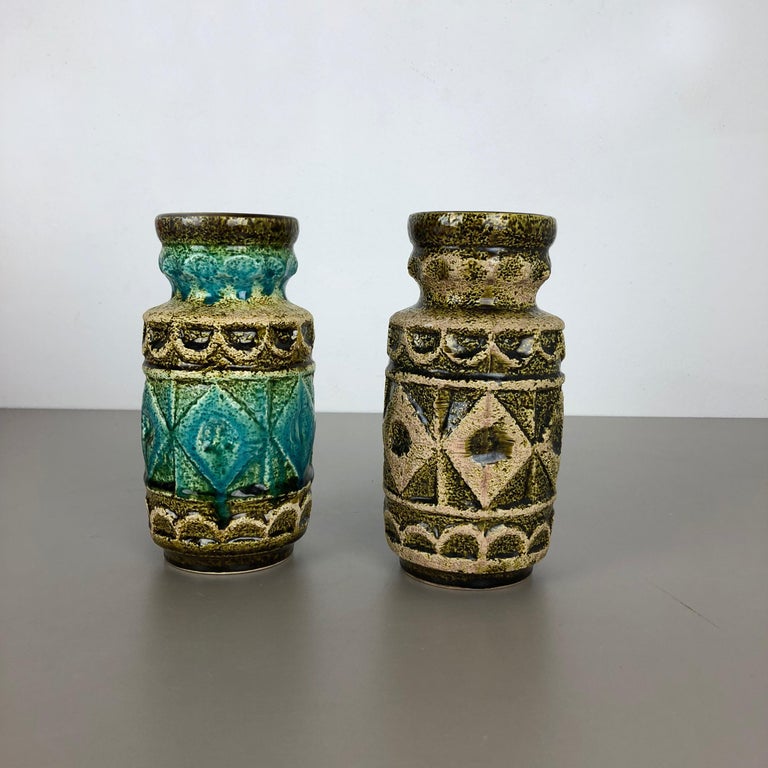 Mid-Century Modern Set of 2 Multi-Color Op Art Pottery Vase by Bay Ceramics, Germany, 1960s For Sale