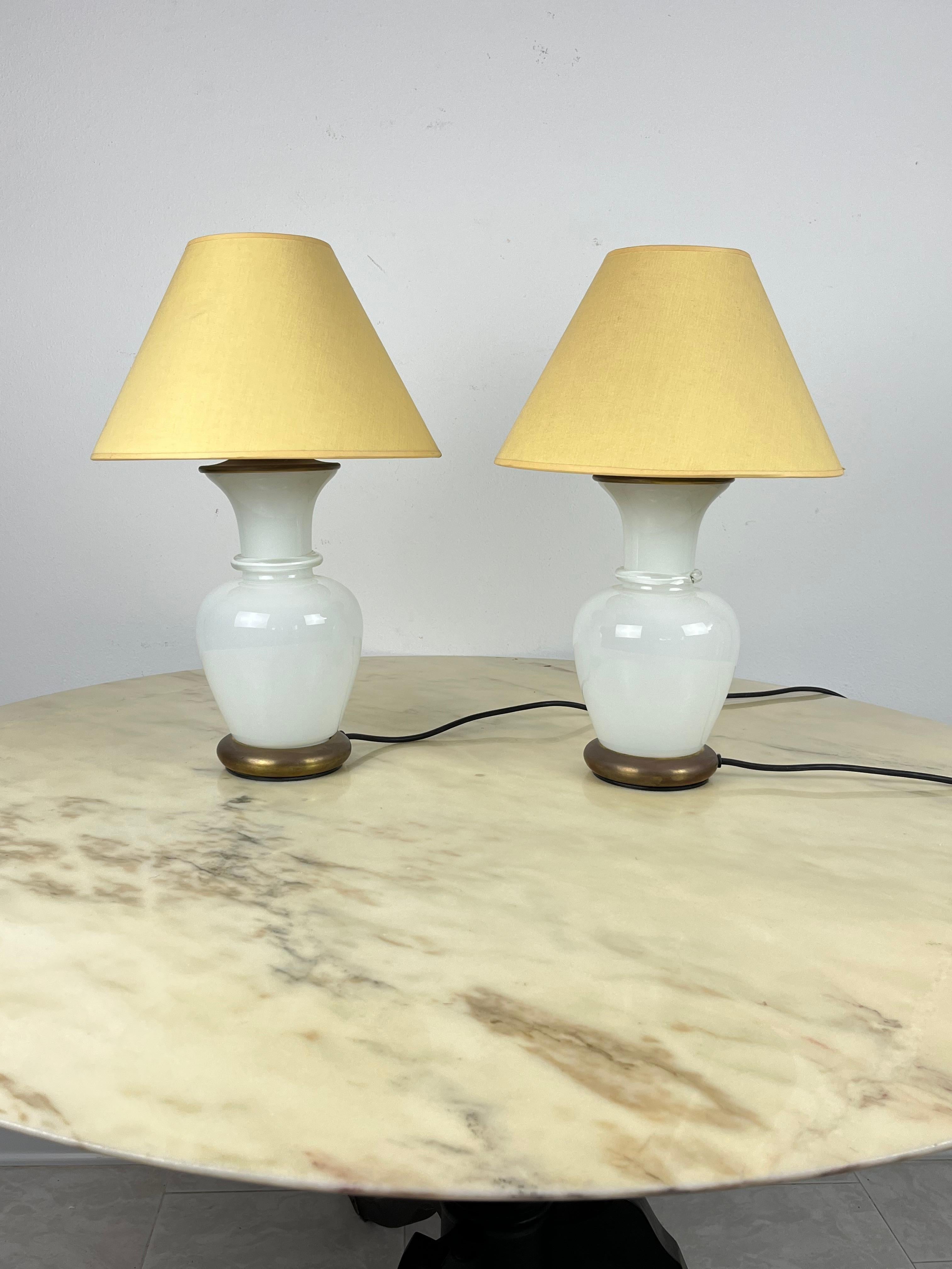 Late 20th Century Set of 2 Murano Glass and Brass Table Lamps, F. Fabbian, Italy, 1970s For Sale