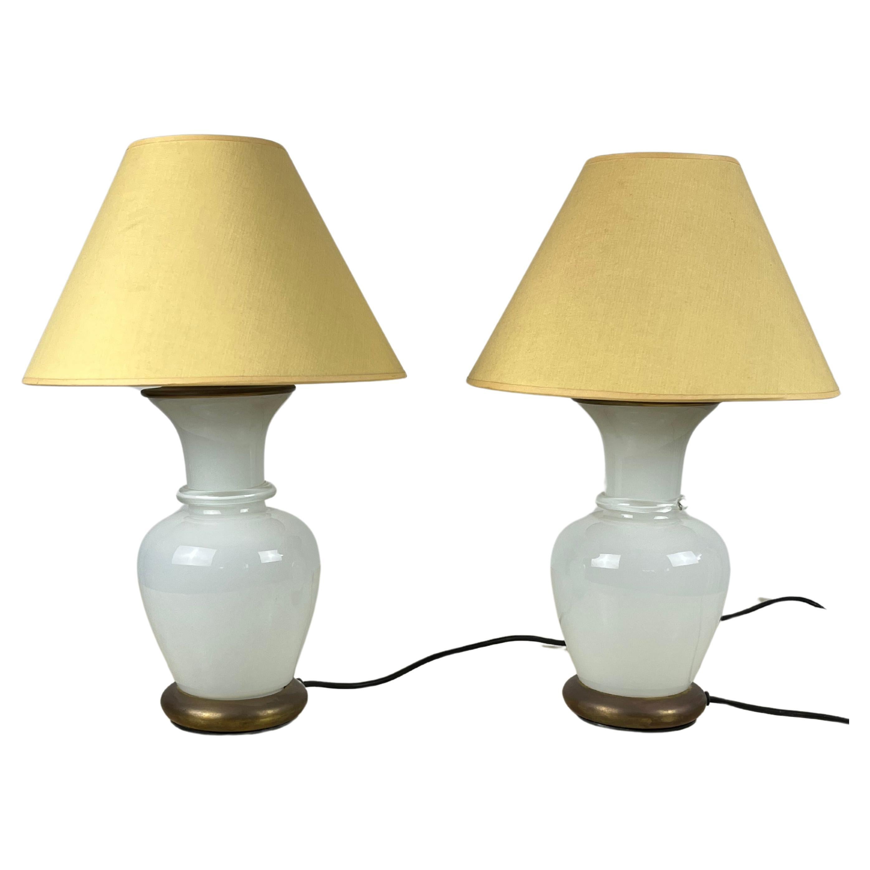 Set of 2 Murano Glass and Brass Table Lamps, F. Fabbian, Italy, 1970s For Sale