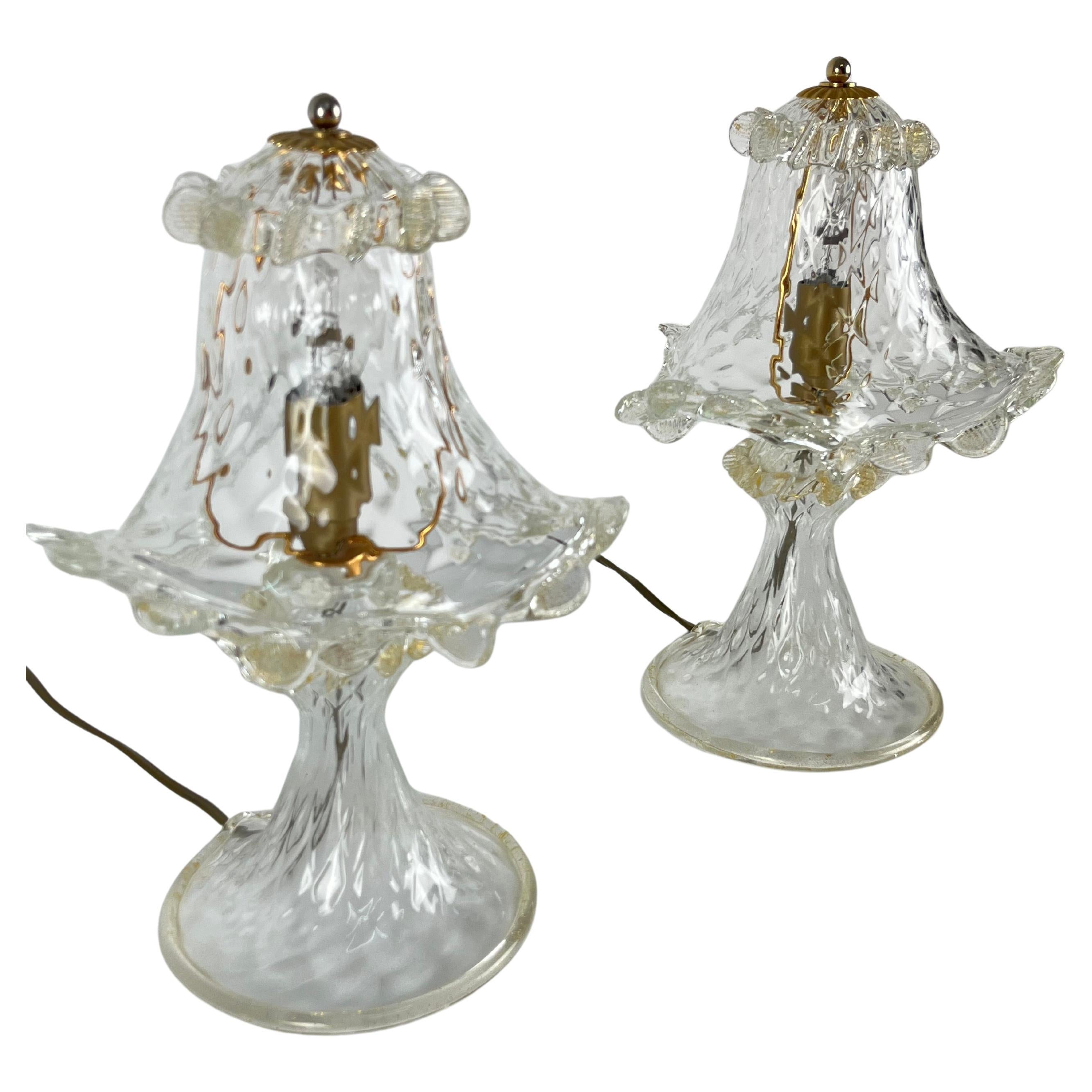 Set of 2 Murano Glass Bedside Lamps, Barovier 1980s