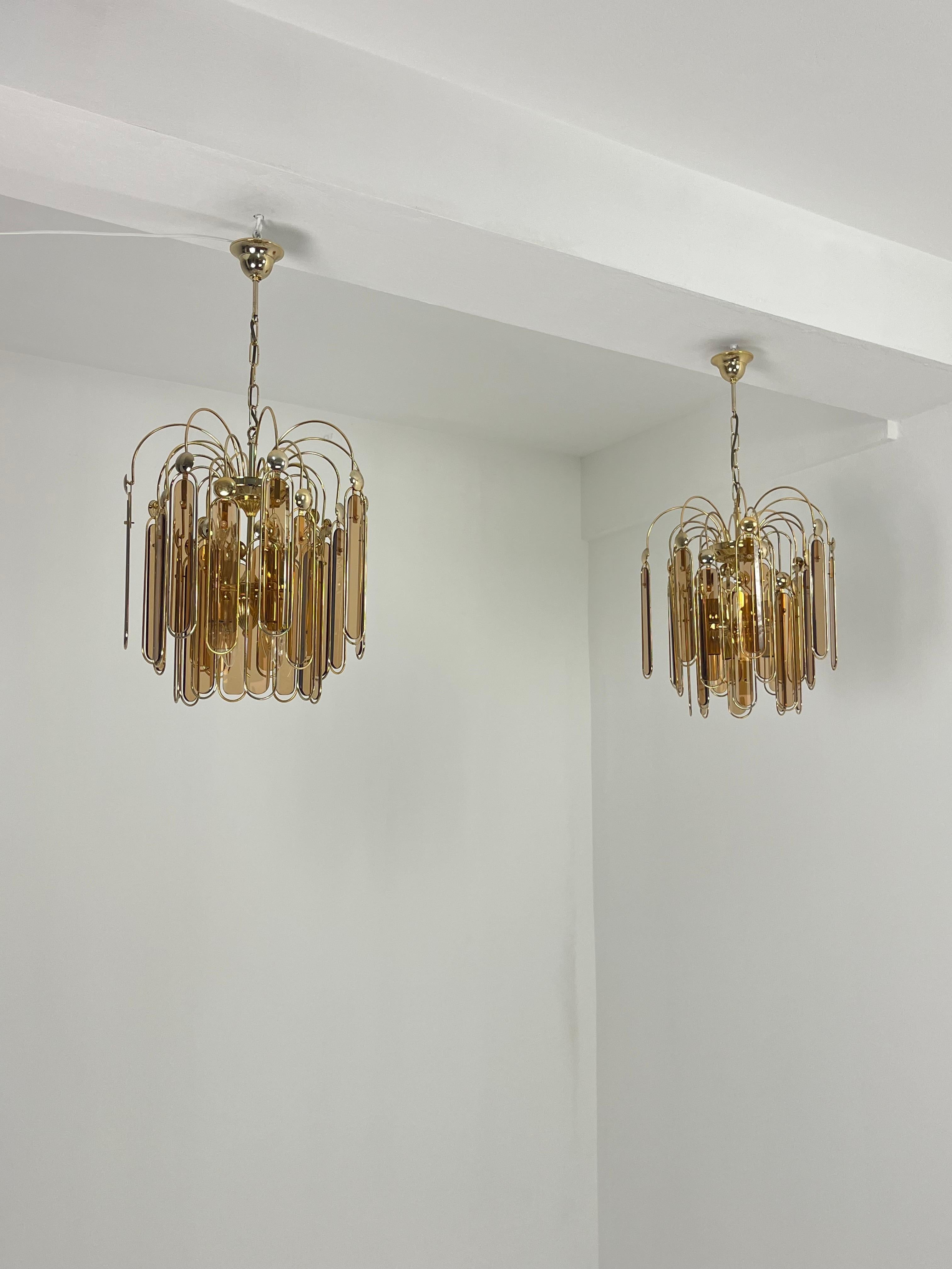 2er-Set Murano-Glas-Kronleuchter Bernstein 6-Lights, 1960er Jahre (Italienisch) im Angebot