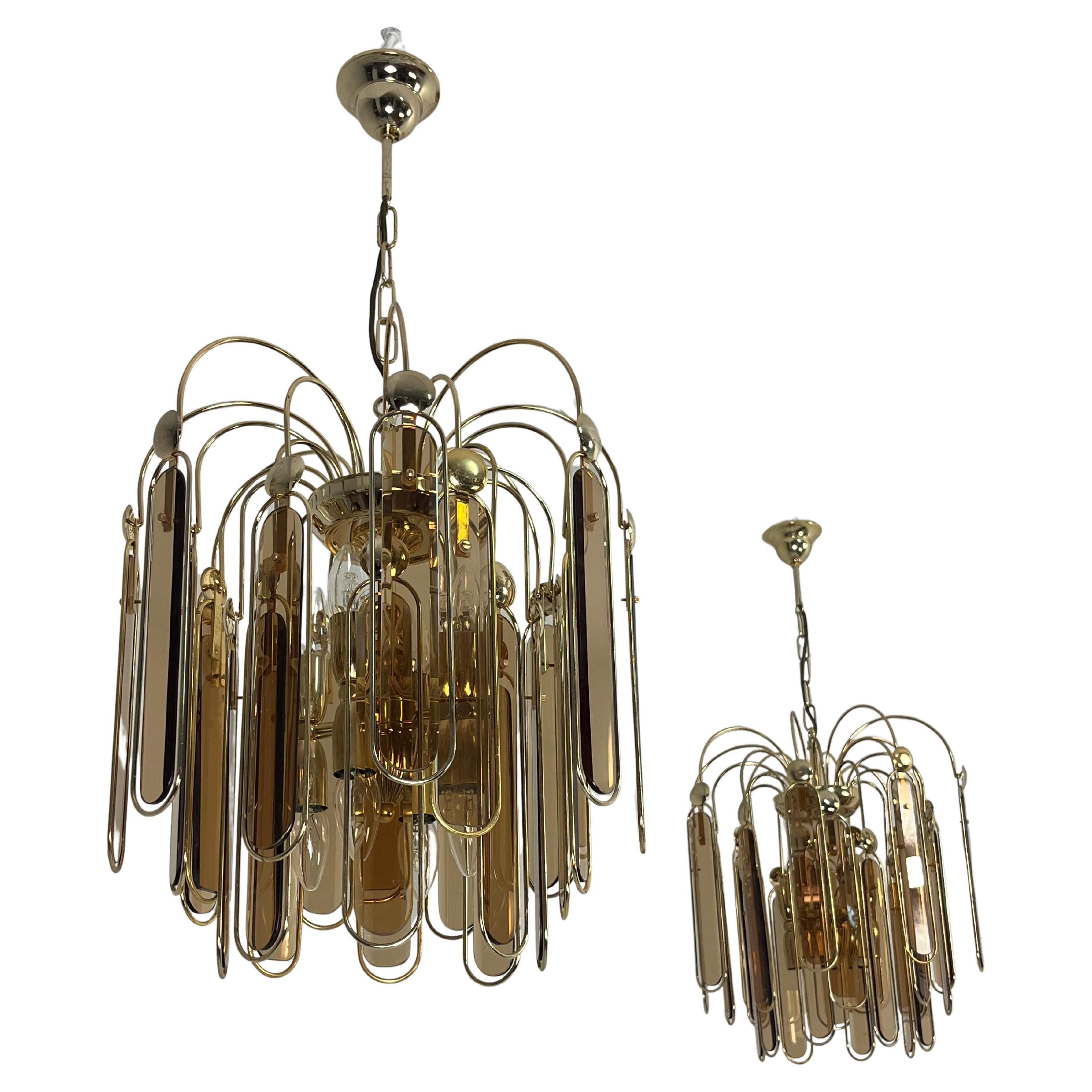 Set of 2 Murano Glass Chandeliers Amber 6-Lights, 1960s