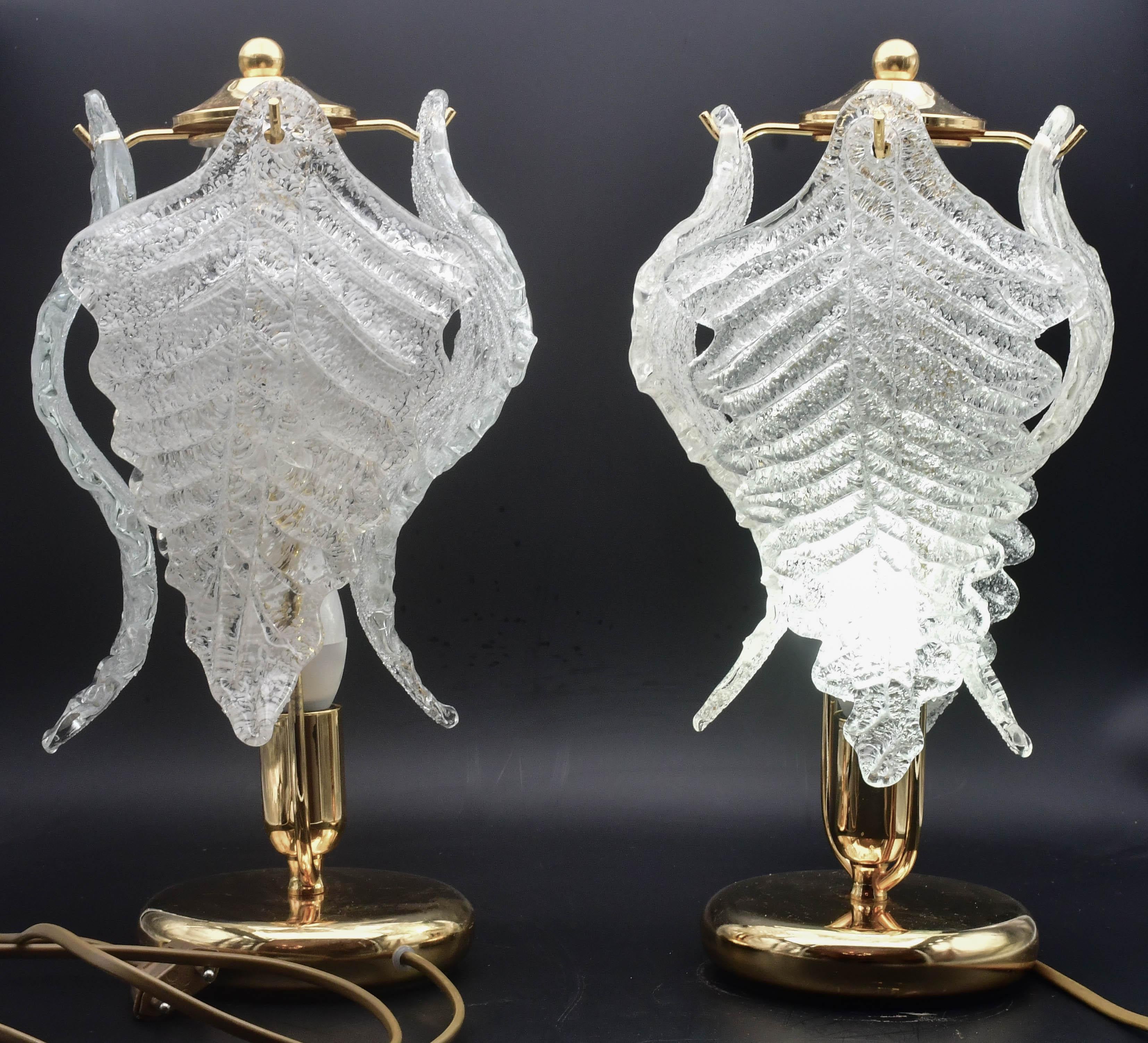 European Set of 2 Murano Glass Table Lamps Trasparent Leaves For Sale