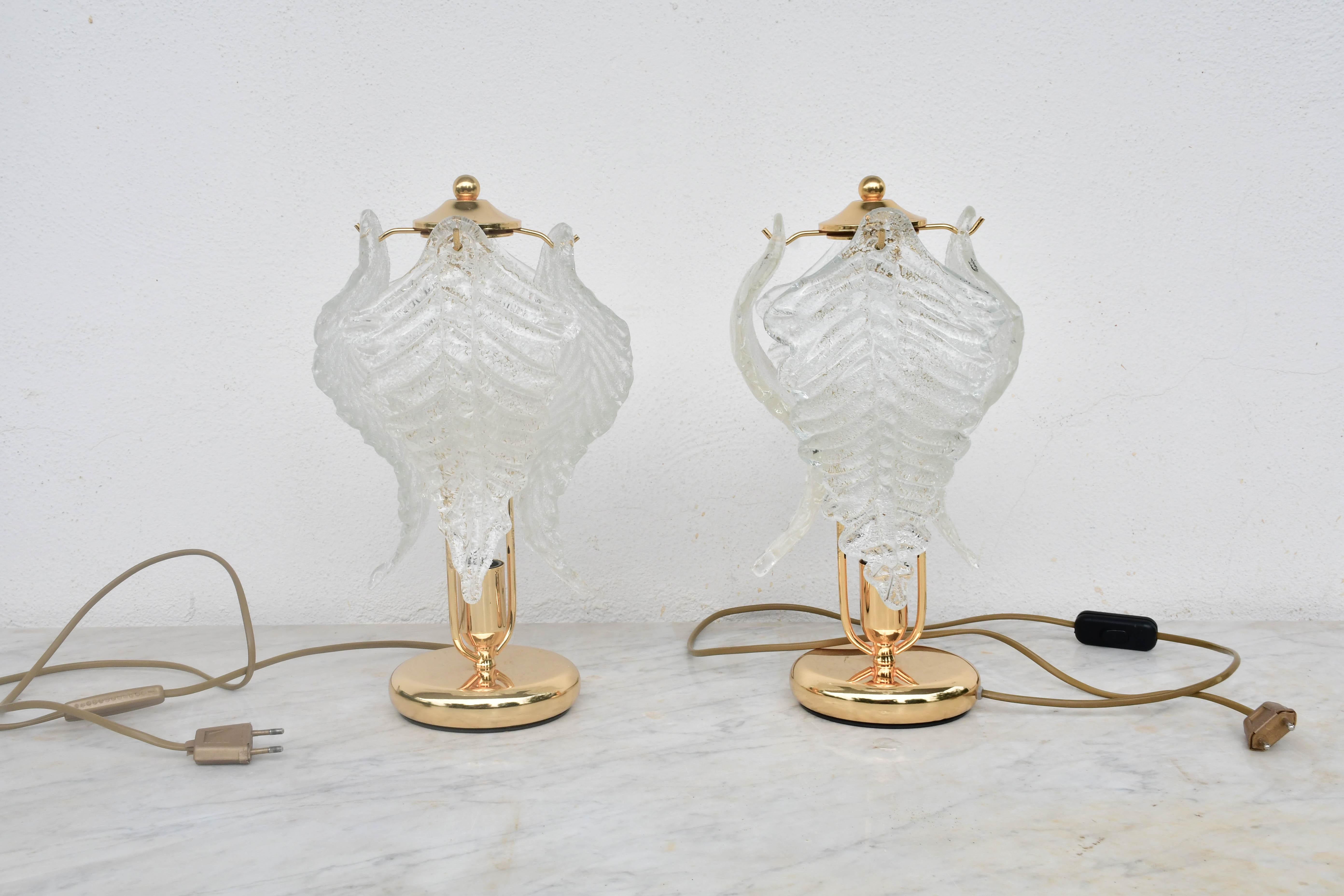 Set of 2 Murano Glass Table Lamps Trasparent Leaves In Good Condition For Sale In Roma, IT