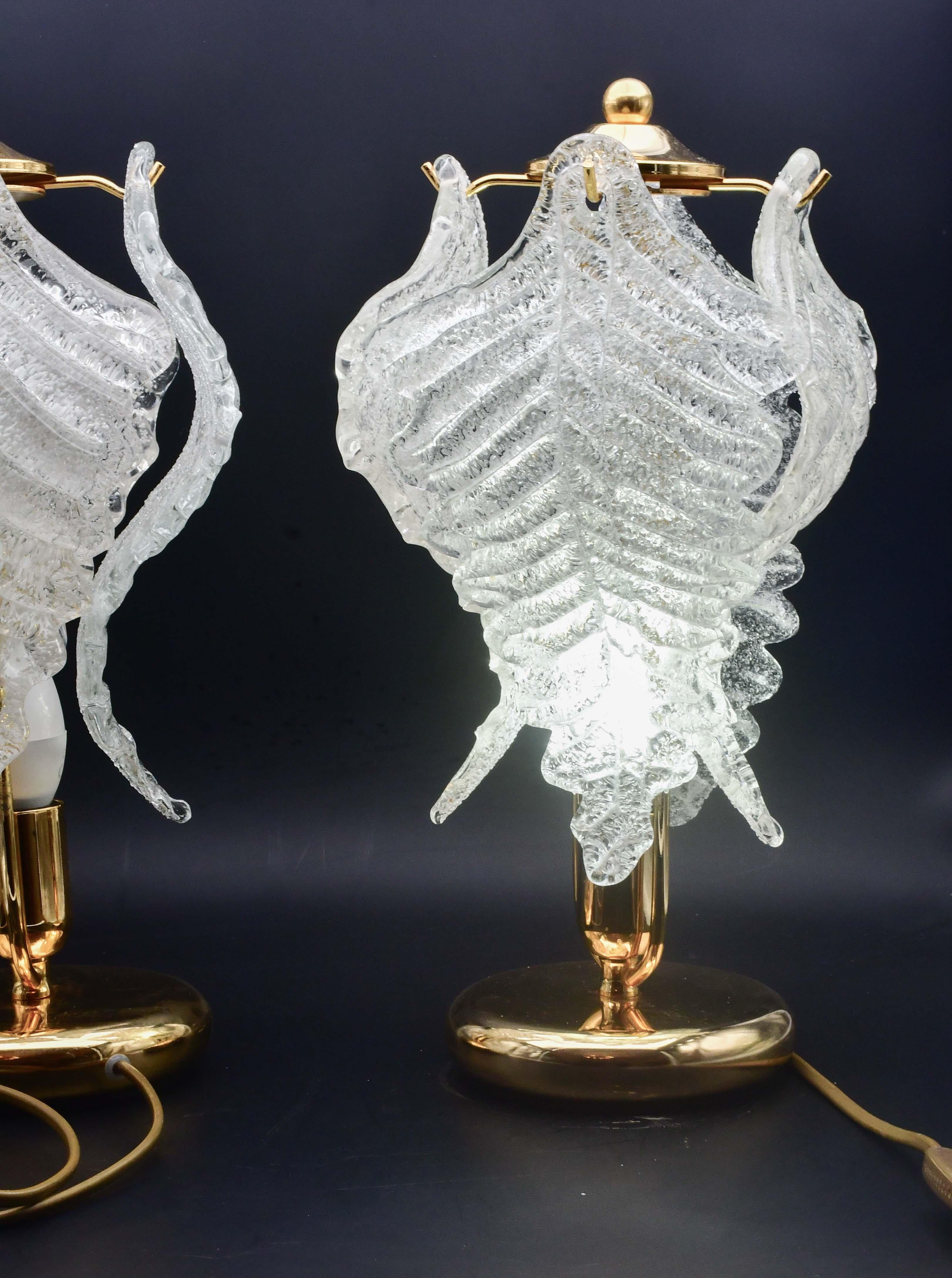 Late 20th Century Set of 2 Murano Glass Table Lamps Trasparent Leaves For Sale