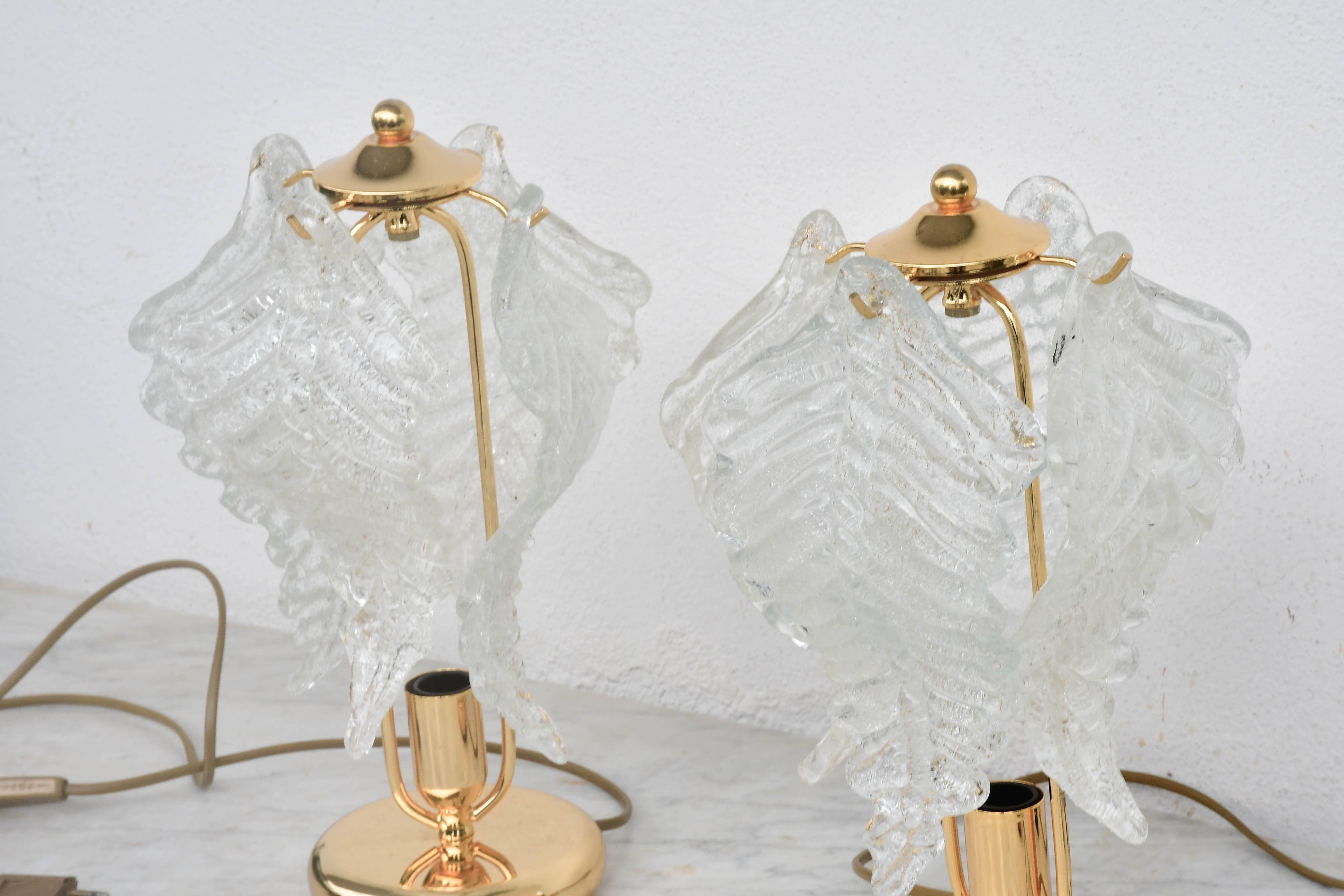 Set of 2 Murano Glass Table Lamps Trasparent Leaves For Sale 1