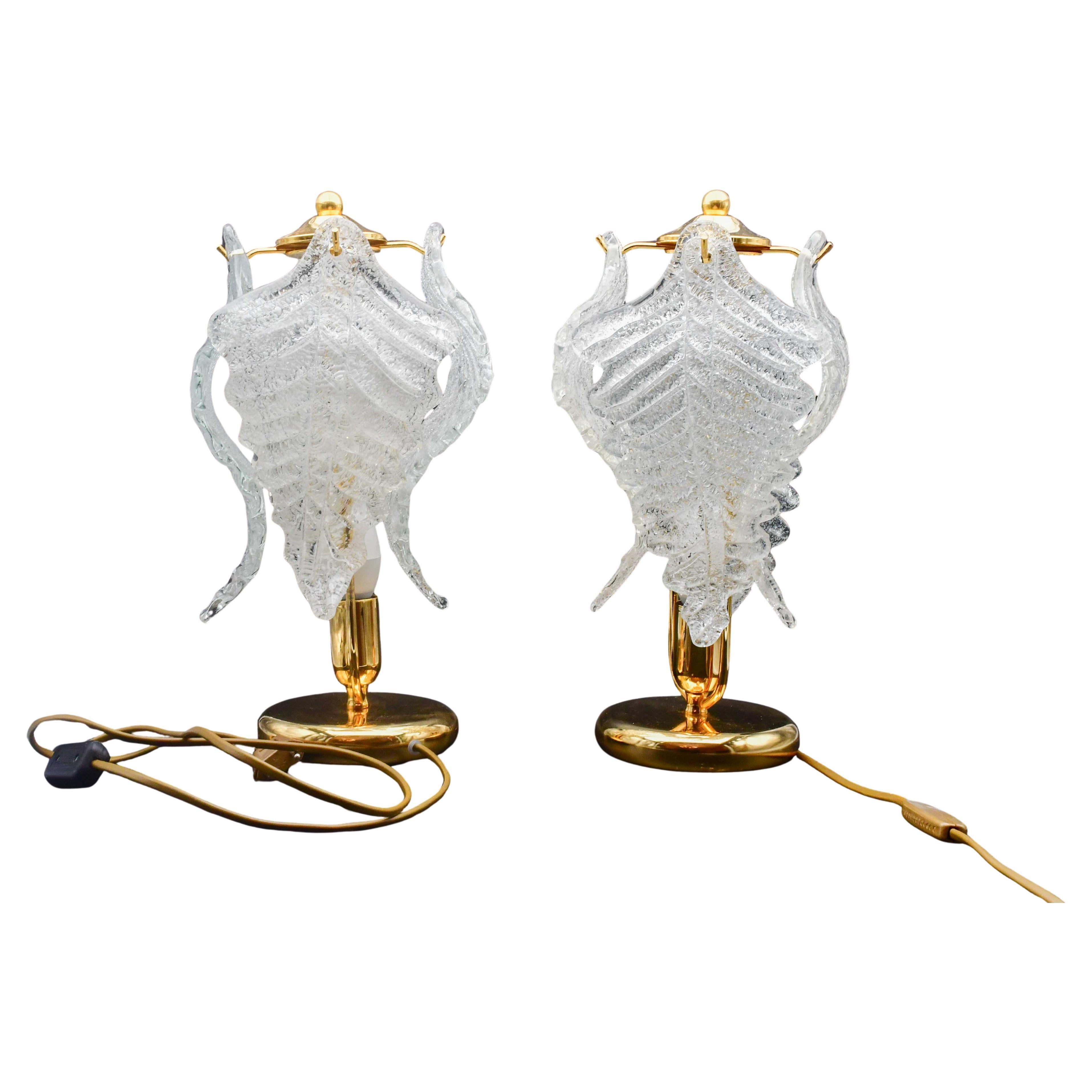 Set of 2 Murano Glass Table Lamps Trasparent Leaves For Sale