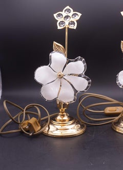 Set of 2 Murano Glass Table Light White Flowers, 1970s
