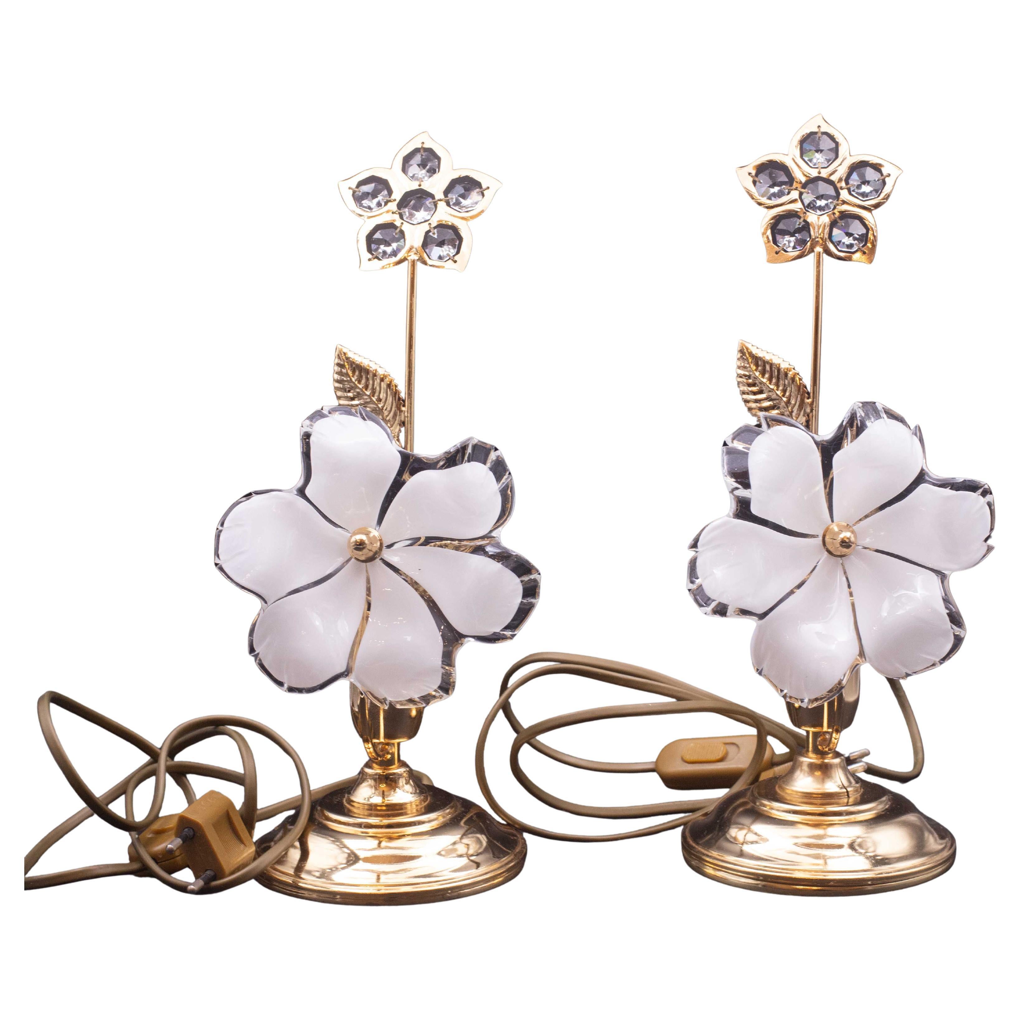 Set of 2 Murano Glass Table Light White Flowers, 1970s