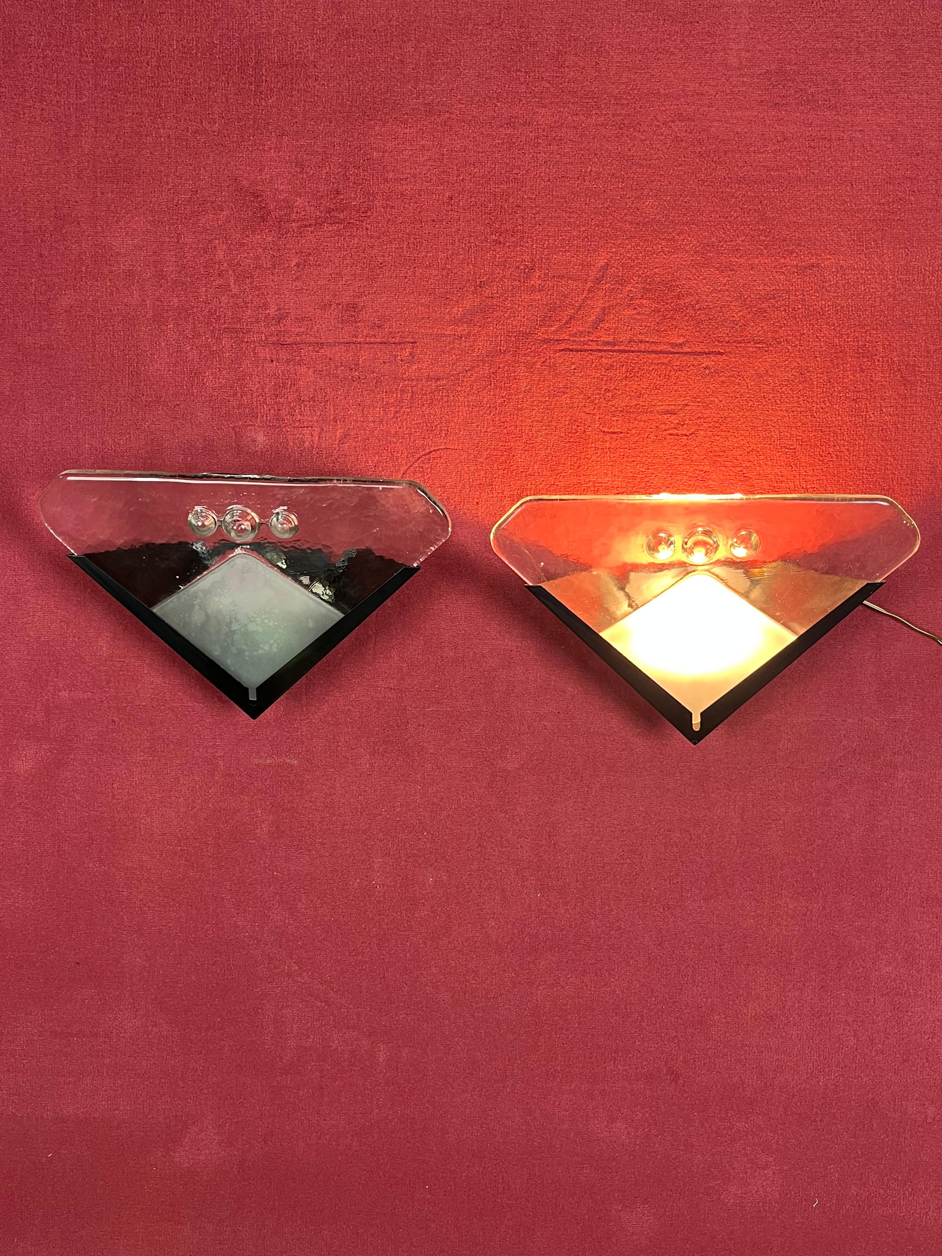 Juego de 2 lámparas de pared de cristal de Murano, años 70 Metal en venta
