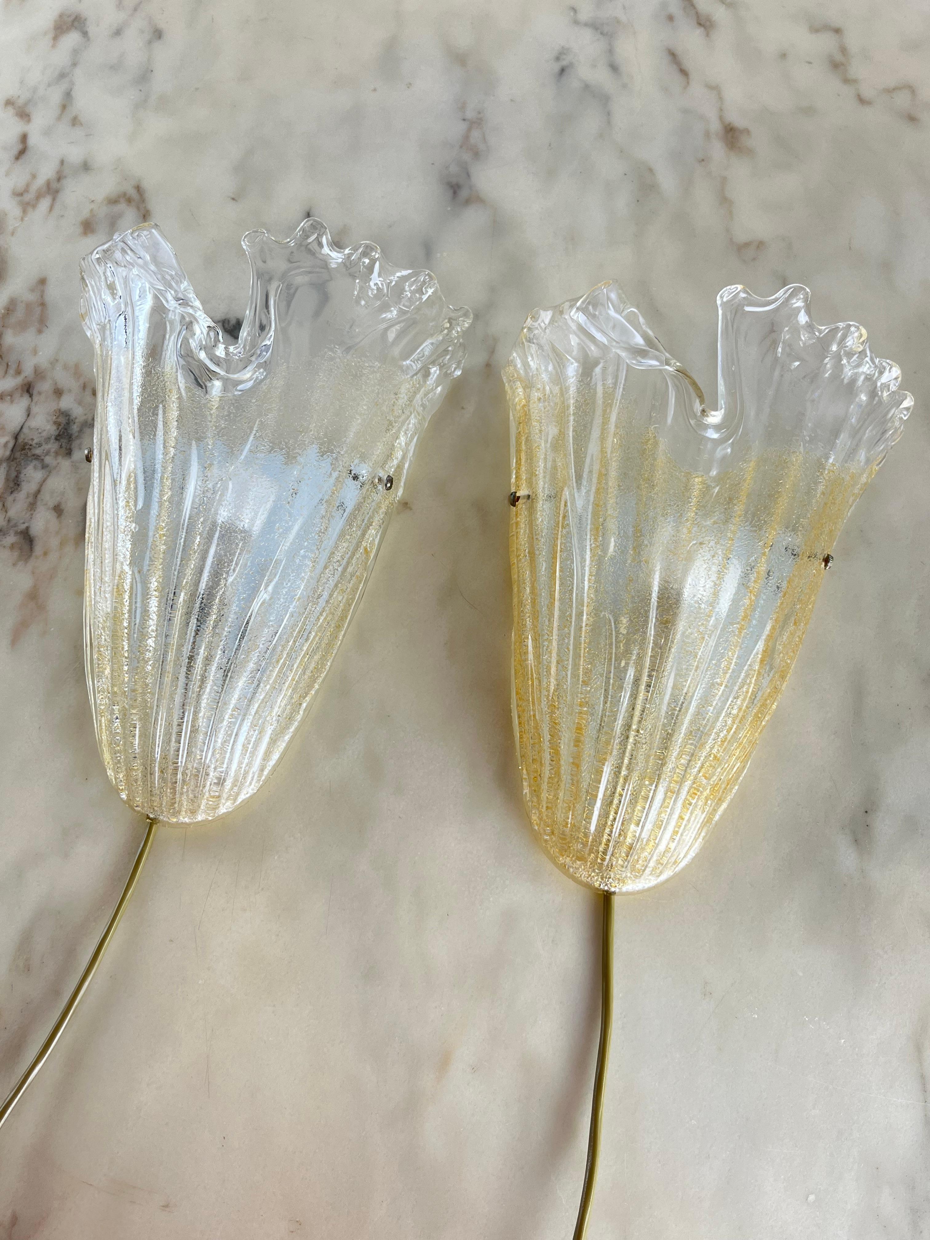 Set Of 2 Murano Glass Wall Lamps Sconces Attributed To Barovier & Toso 1980s In Good Condition For Sale In Palermo, IT