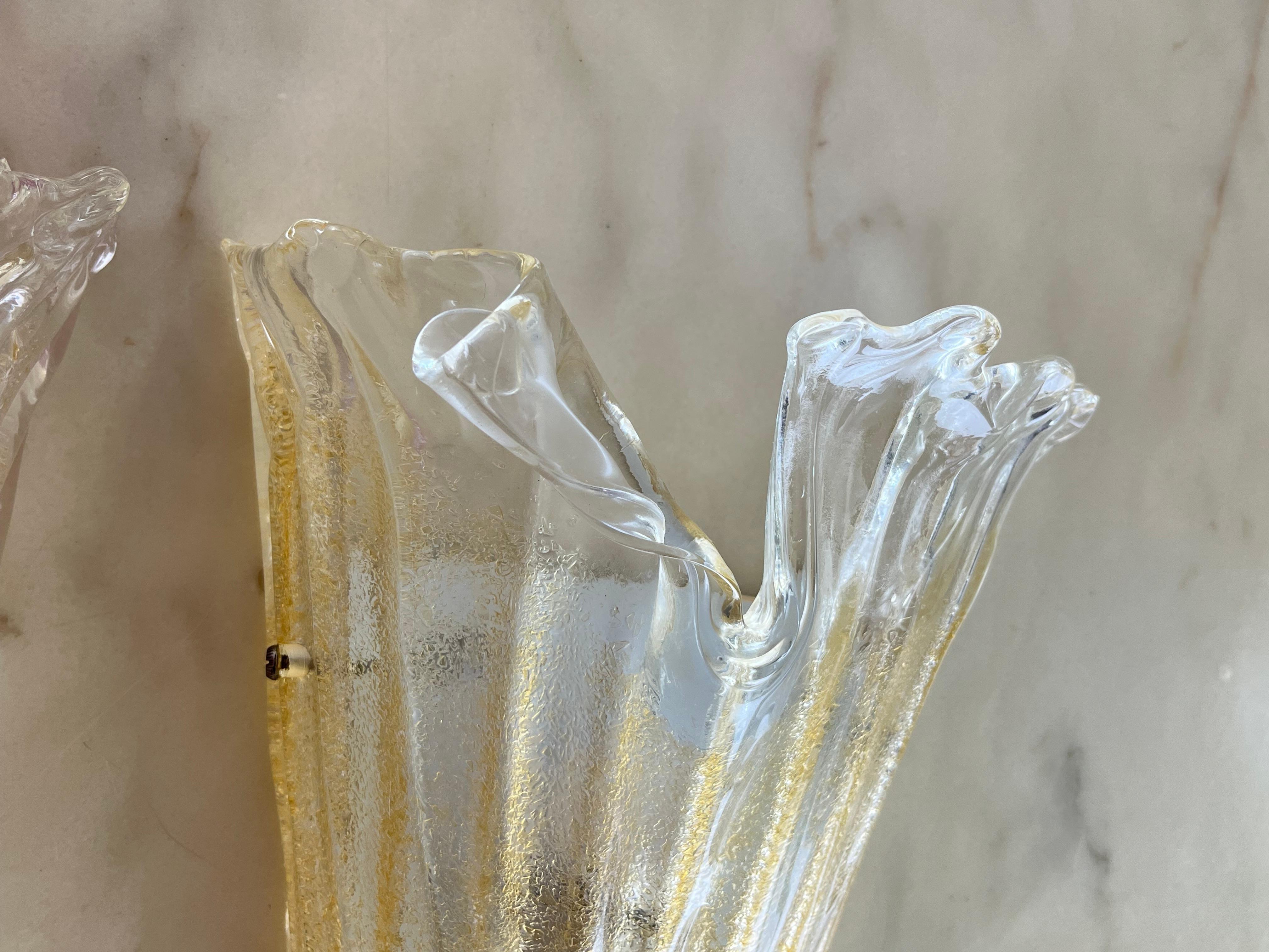 Metal Set Of 2 Murano Glass Wall Lamps Sconces Attributed To Barovier & Toso 1980s For Sale