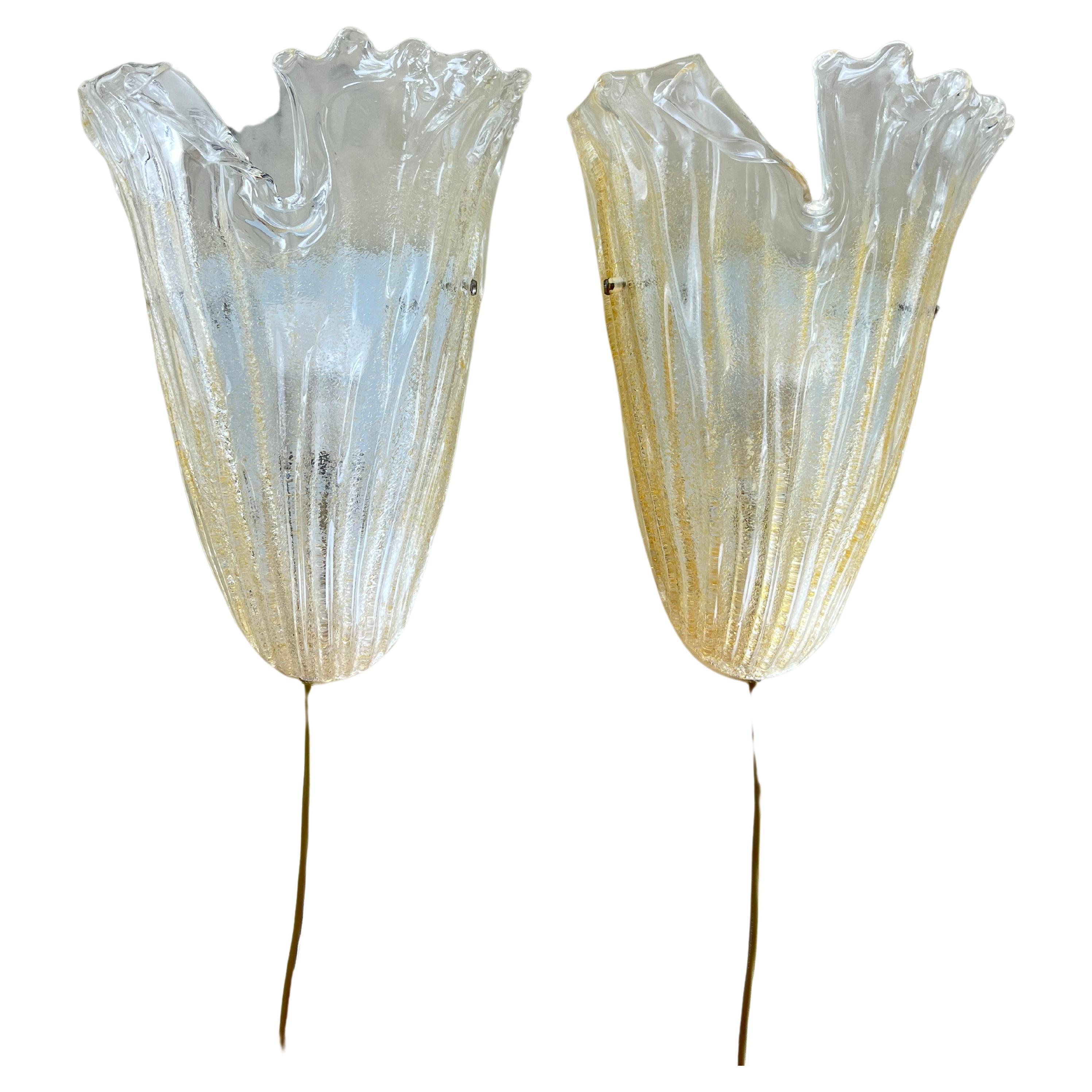 Set Of 2 Murano Glass Wall Lamps Sconces Attributed To Barovier & Toso 1980s For Sale