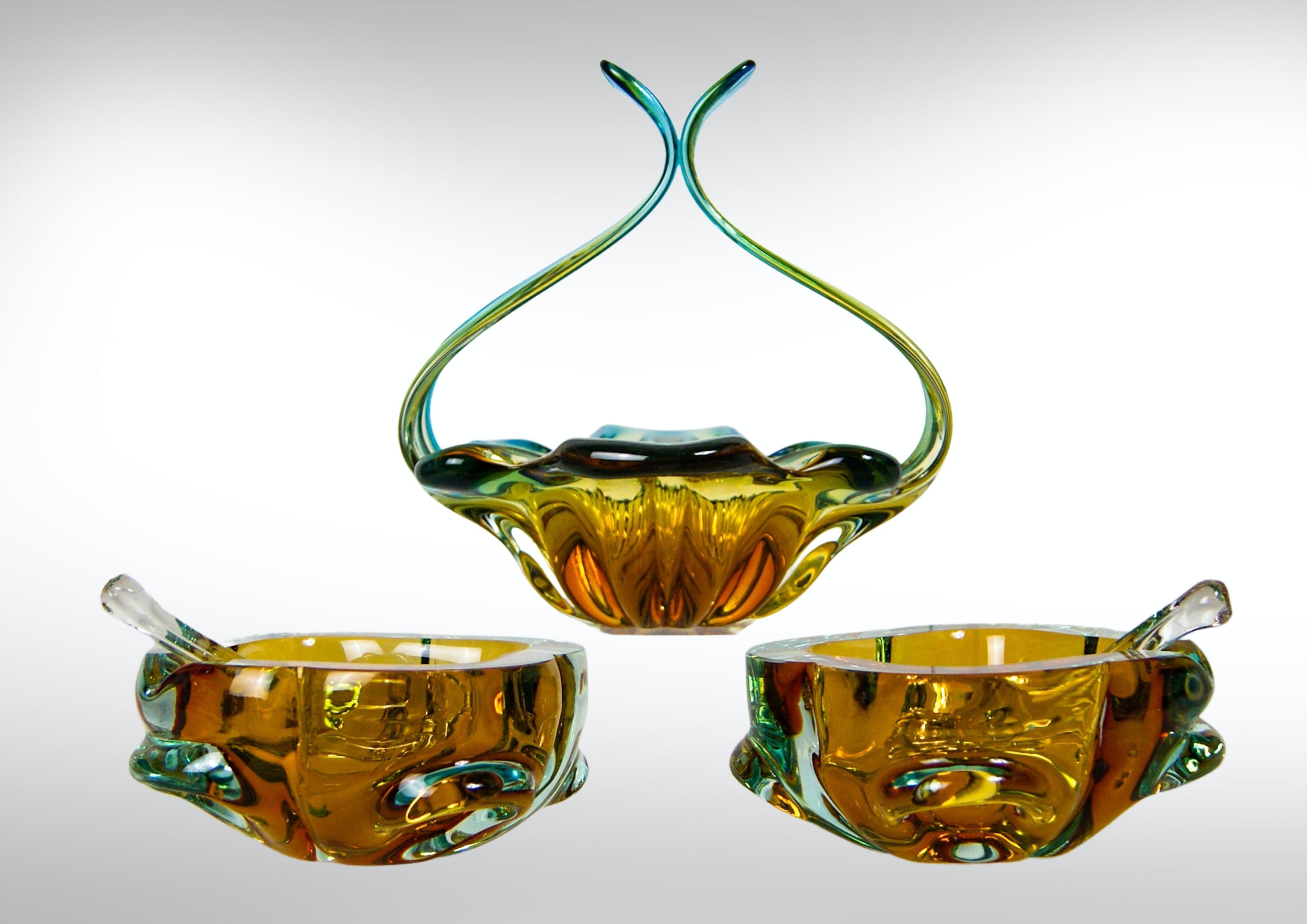20th Century Set of 2 Murano Sommerso Glass Cigar Ashtrays with Stubbers Flavio Poli Attr. For Sale