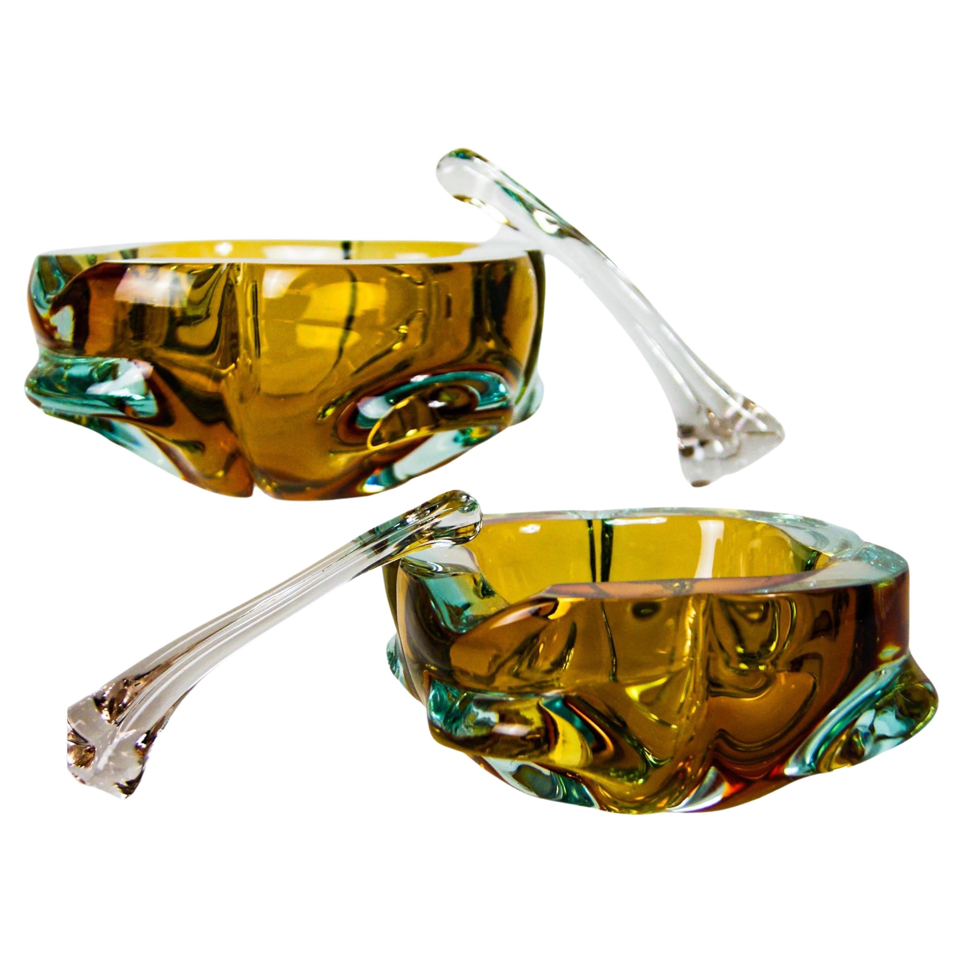 Set of 2 Murano Sommerso Glass Cigar Ashtrays with Stubbers Flavio Poli Attr.