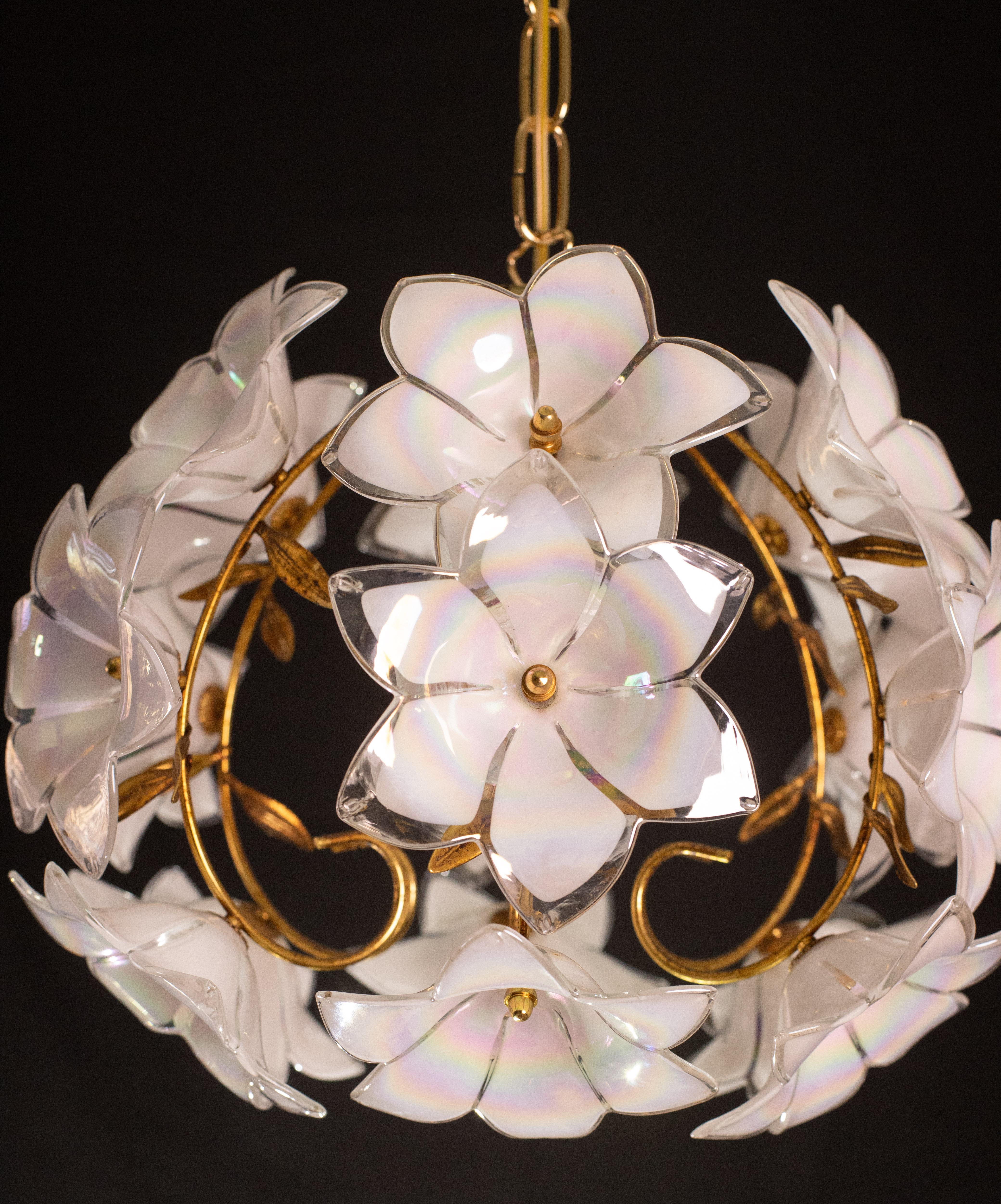 Set of 2 Murano Spherical Chandelier Full of White Flowers, 1980s For Sale 5