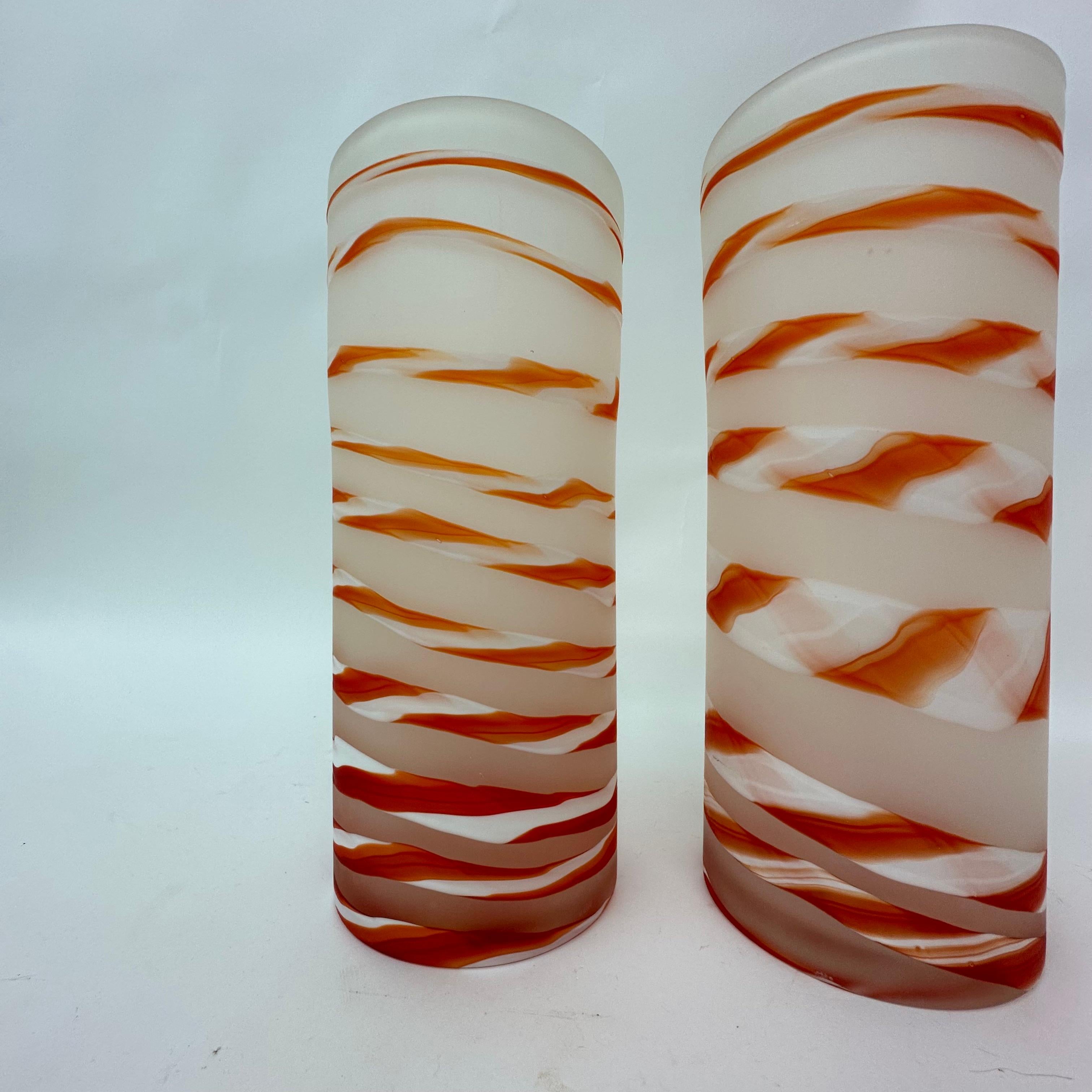 Late 20th Century Set of 2 Murano Swirl vases orange glass , 1980's For Sale