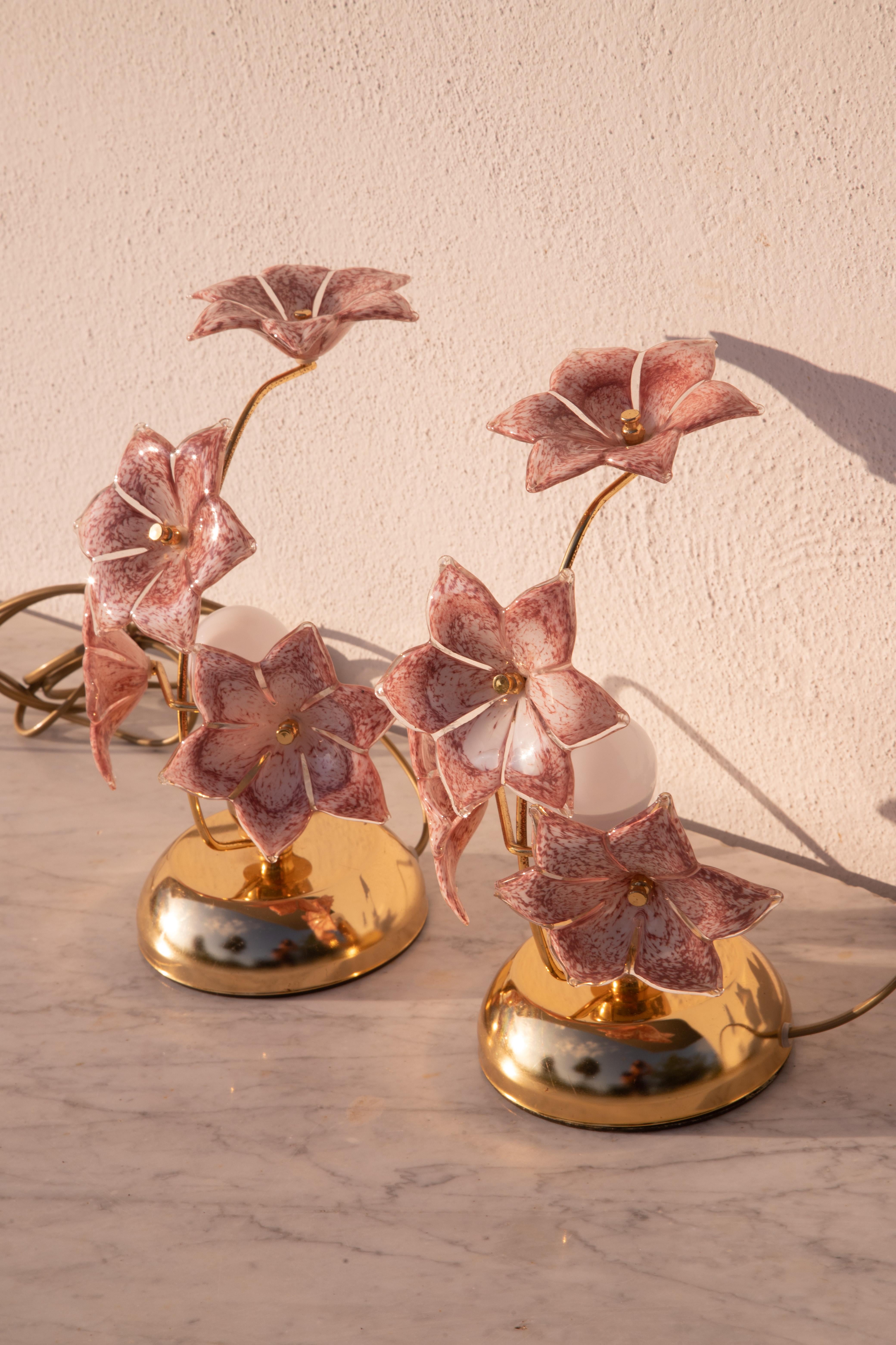 Set of 2 Murano Table Lamps Pink Flower, 1970 For Sale 3