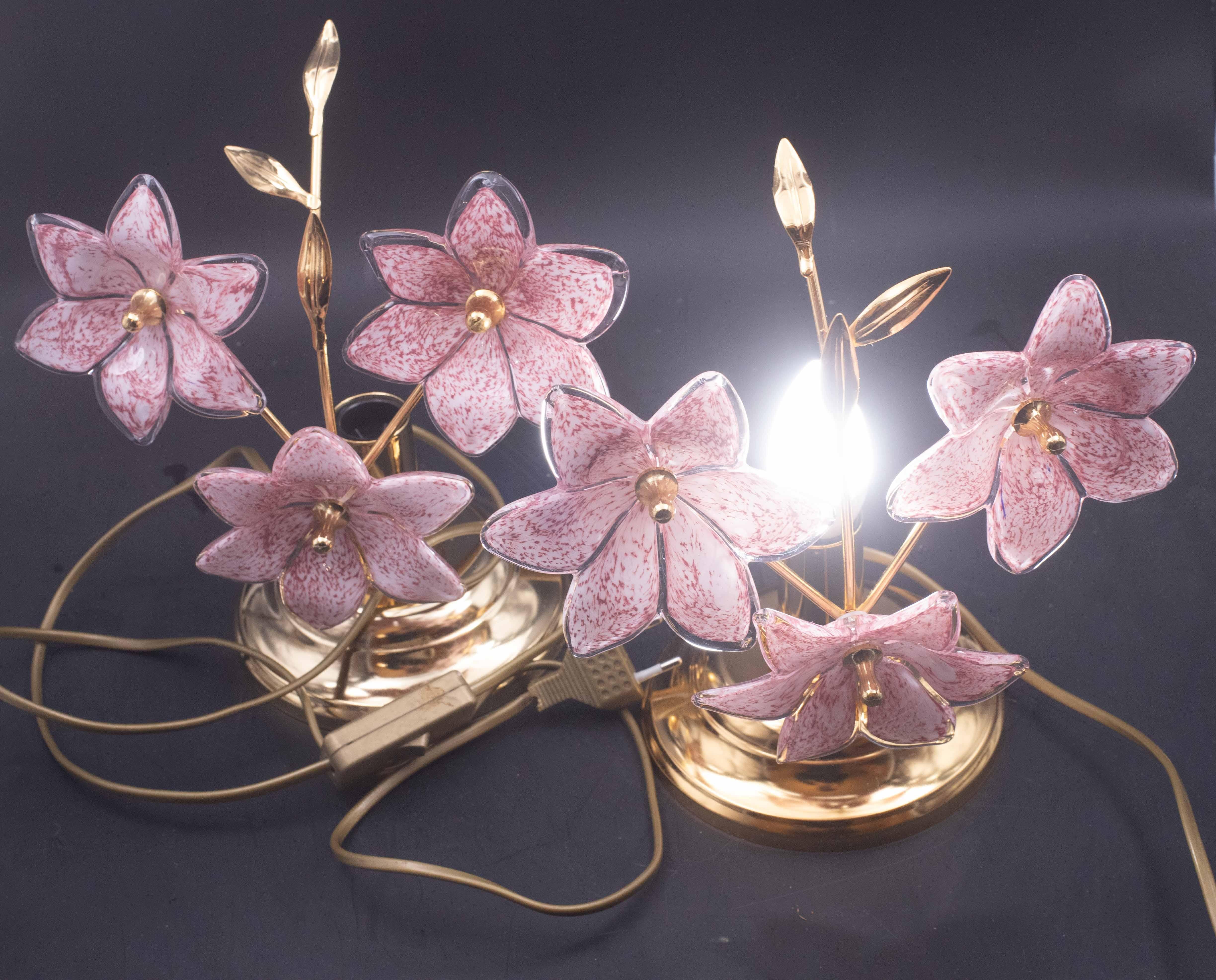 Set of 2 Murano Table Lamps Pink Flower, 1970 For Sale 5