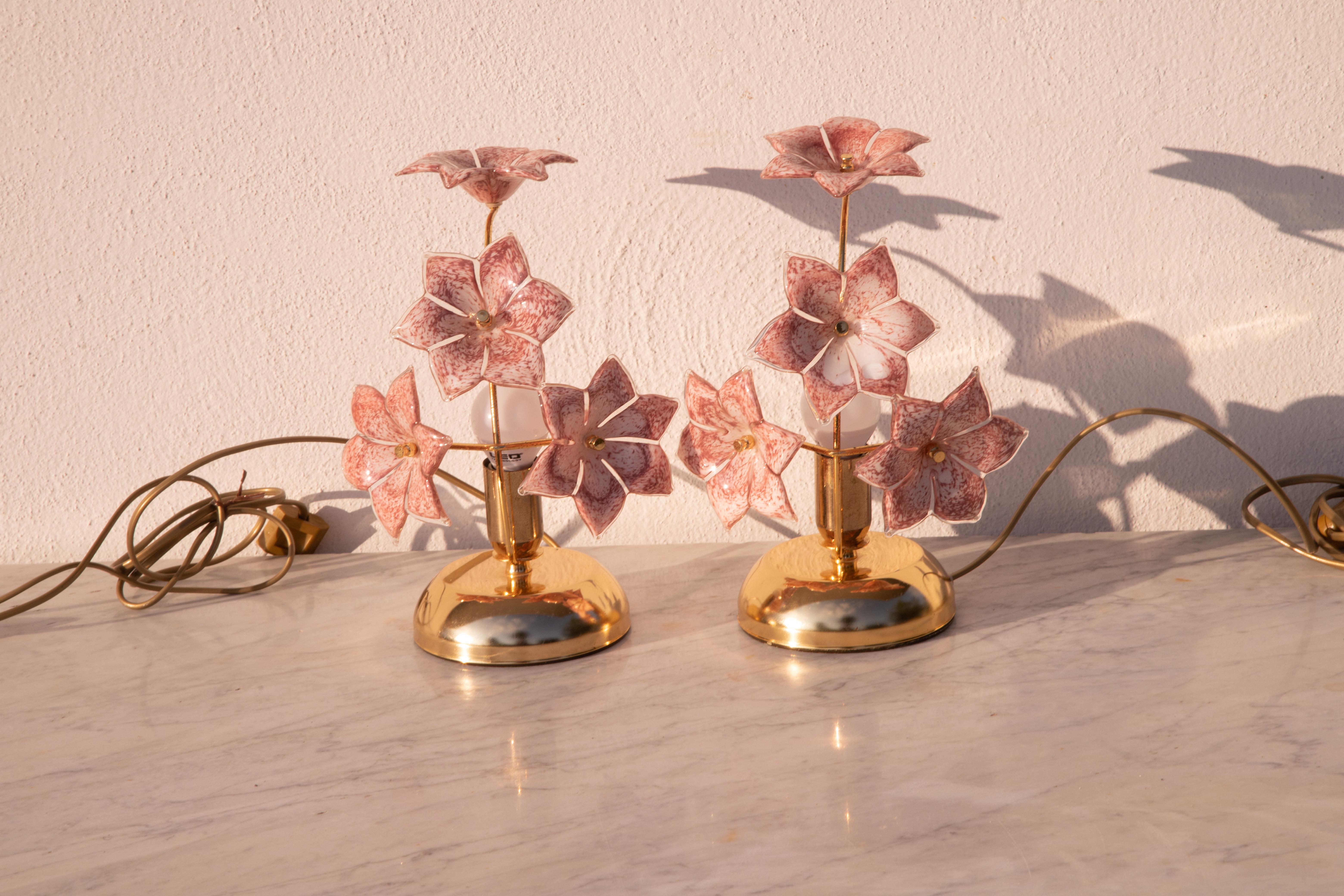 Set aus 2 Murano-Tischlampen, rosa Blume, 1970 im Angebot 6