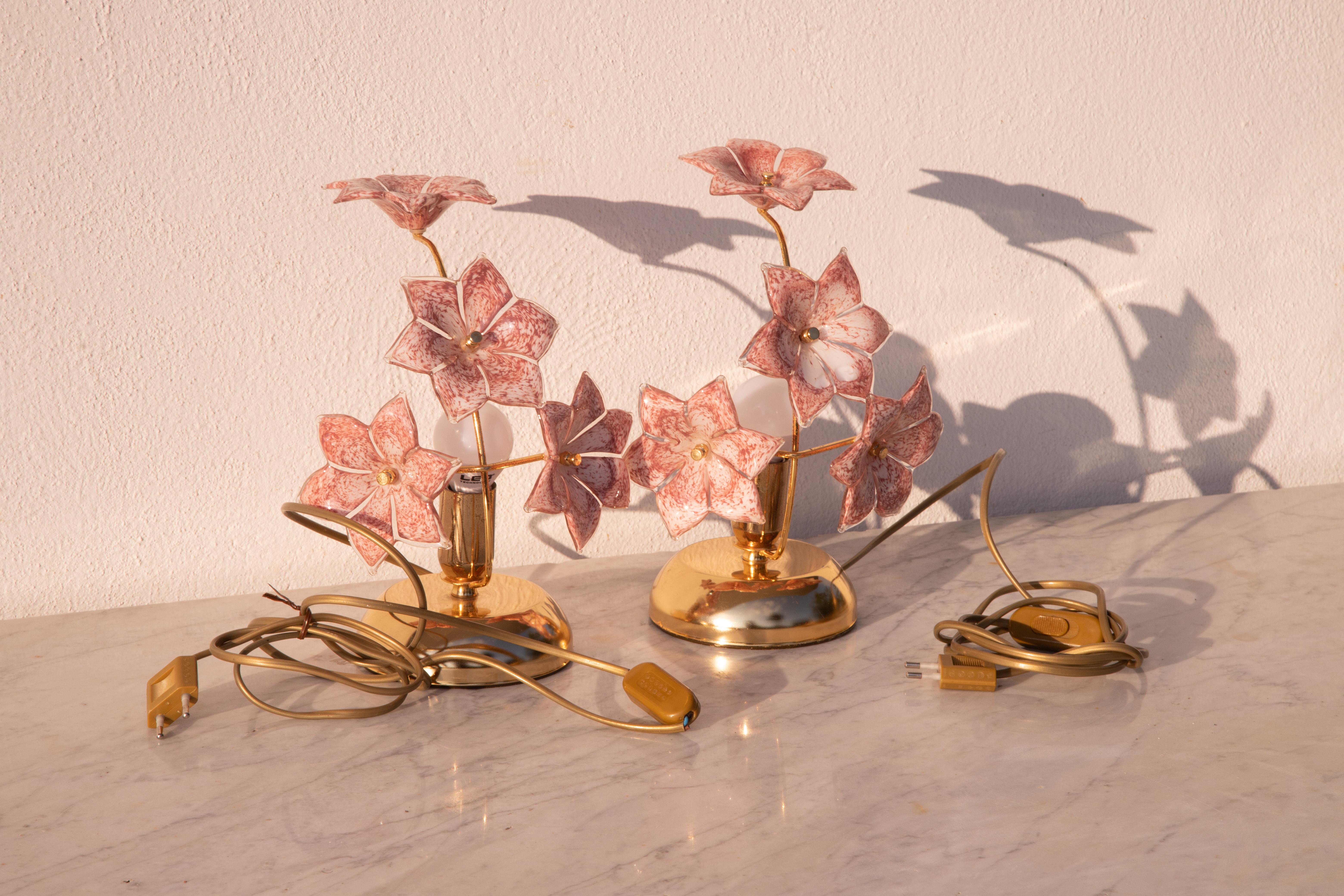 Set aus 2 Murano-Tischlampen, rosa Blume, 1970 im Angebot 7