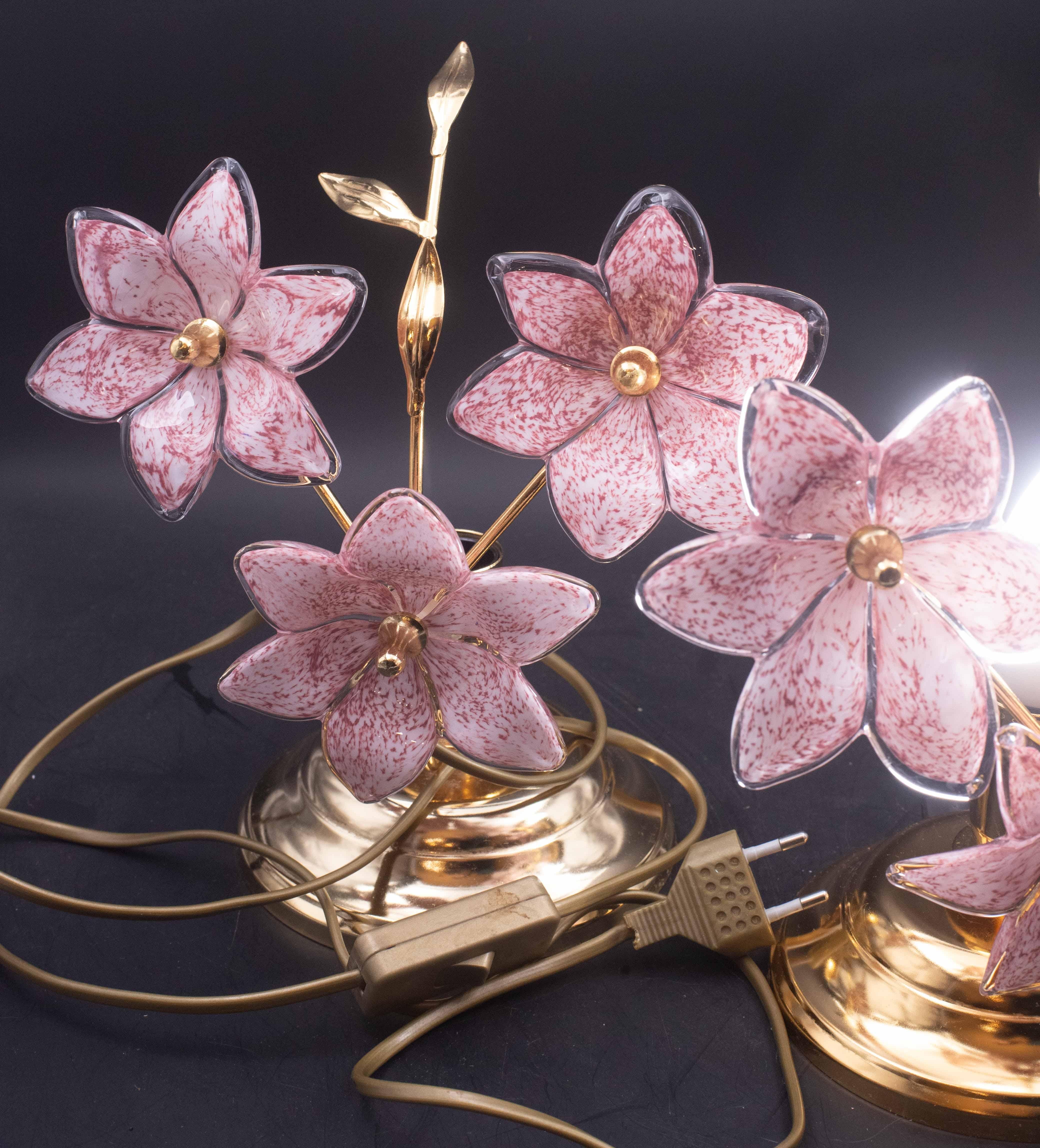 Set of 2 Murano Table Lamps Pink Flower, 1970 For Sale 7