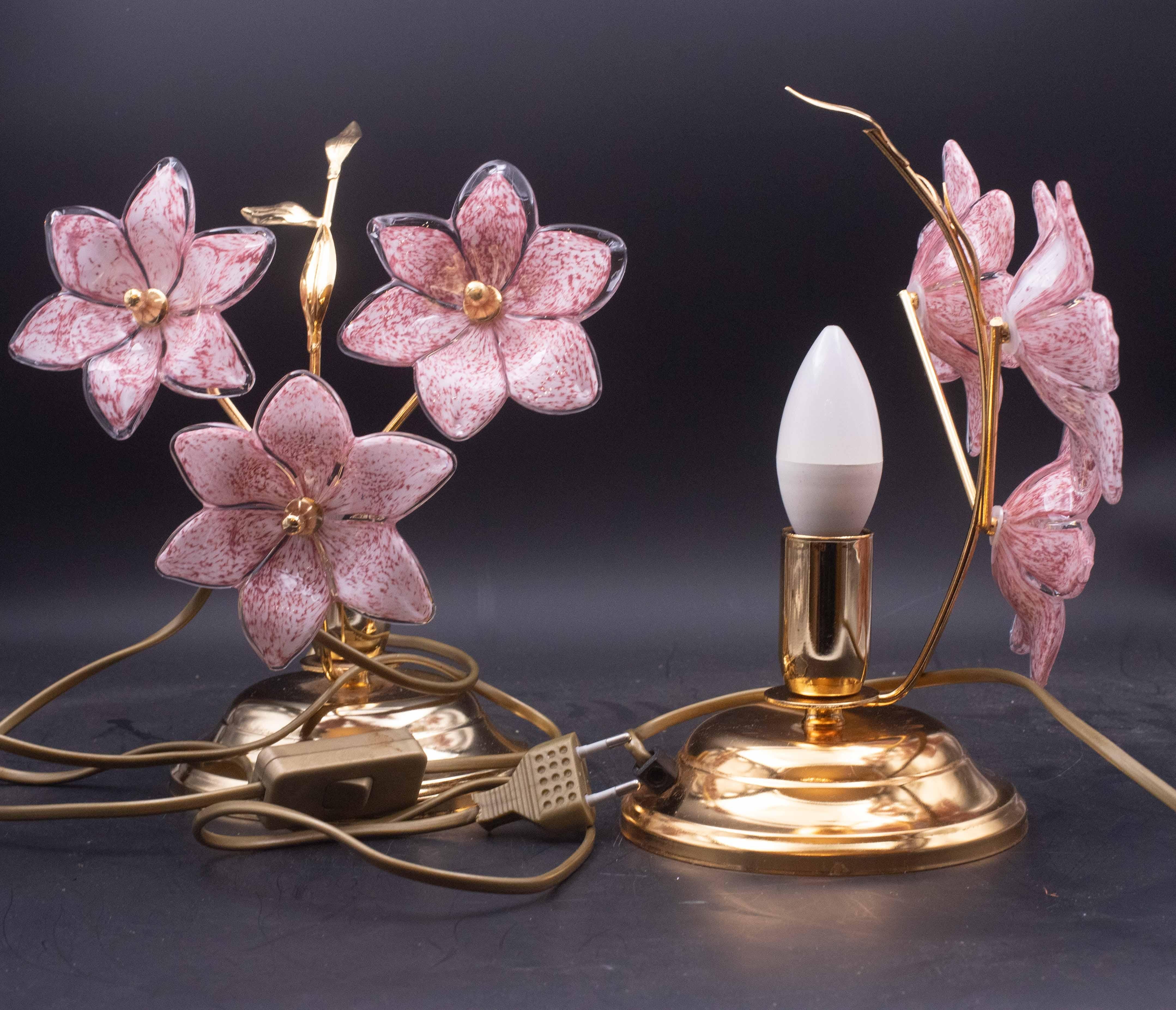Set of 2 Murano Table Lamps Pink Flower, 1970 For Sale 8