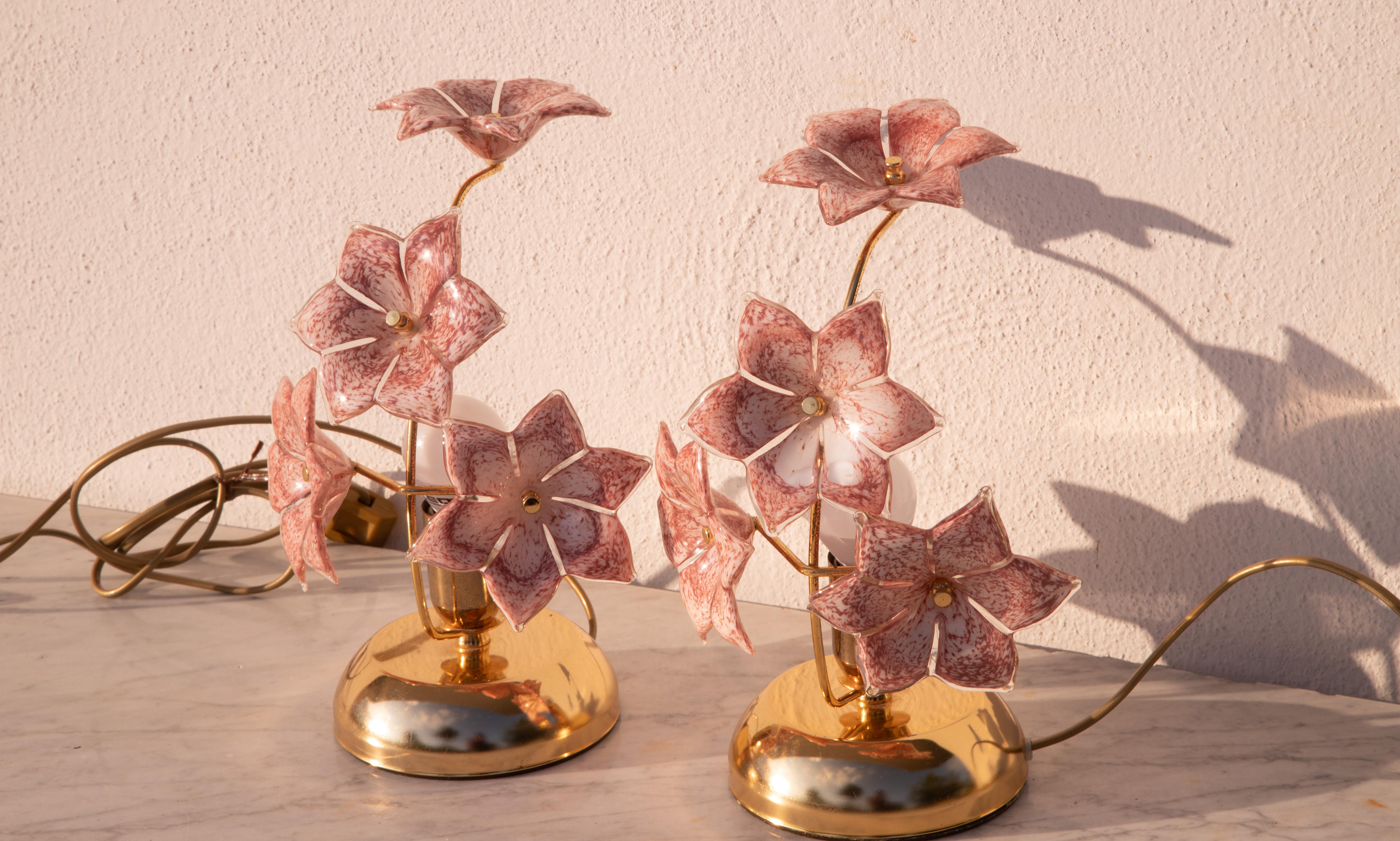 Set of 2 Murano Table Lamps Pink Flower, 1970 In Good Condition For Sale In Roma, IT
