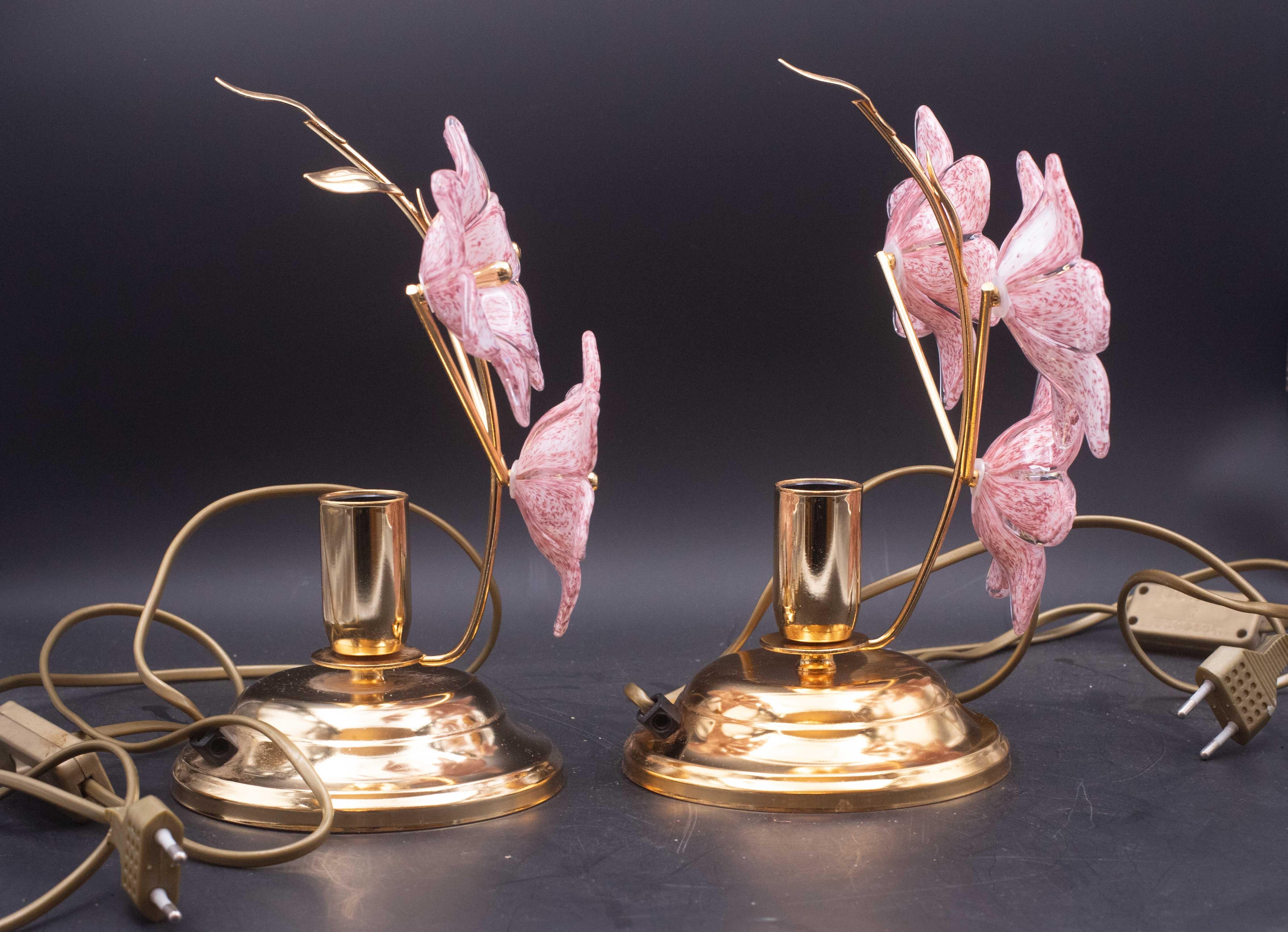 Late 20th Century Set of 2 Murano Table Lamps Pink Flower, 1970 For Sale