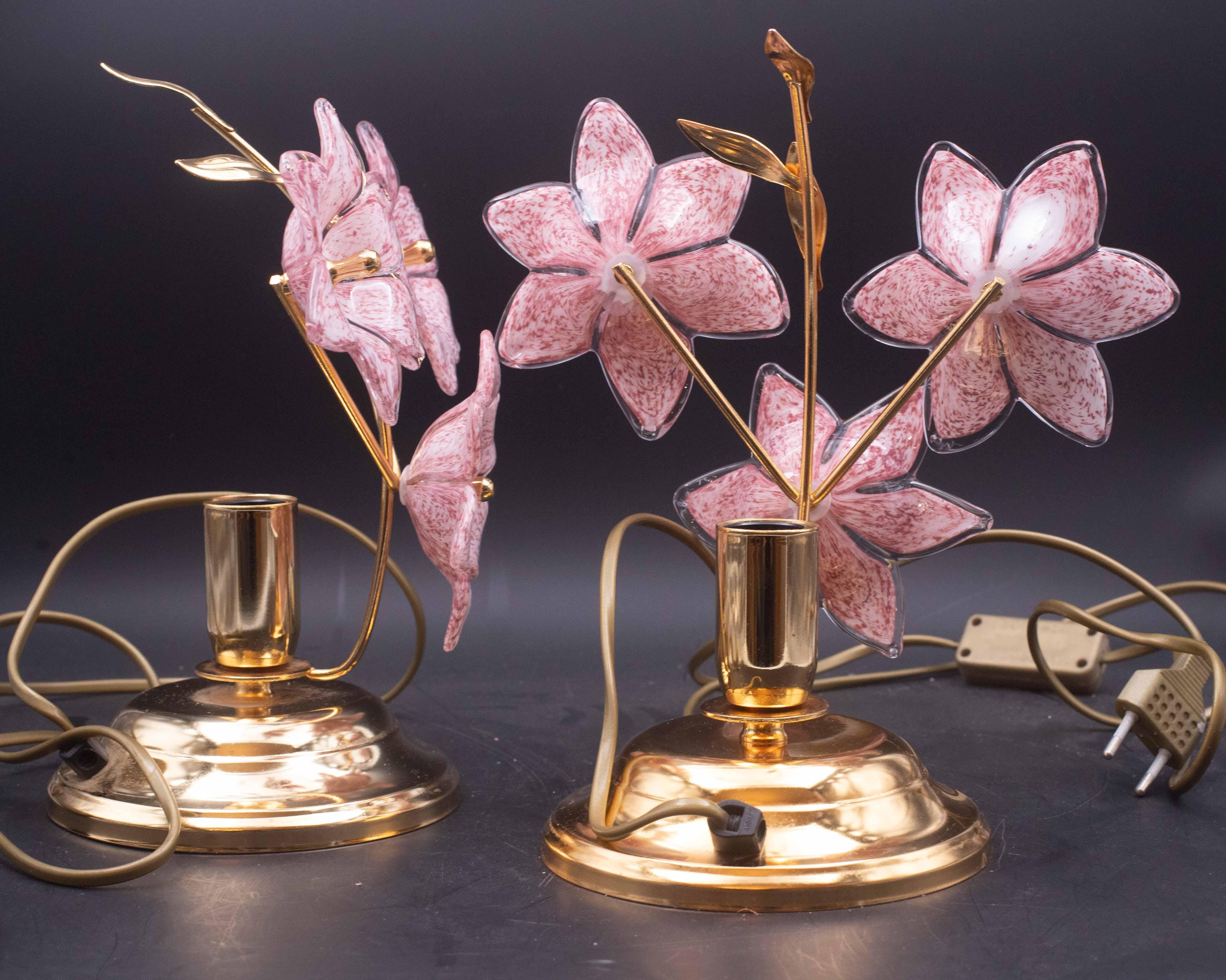Murano Glass Set of 2 Murano Table Lamps Pink Flower, 1970 For Sale