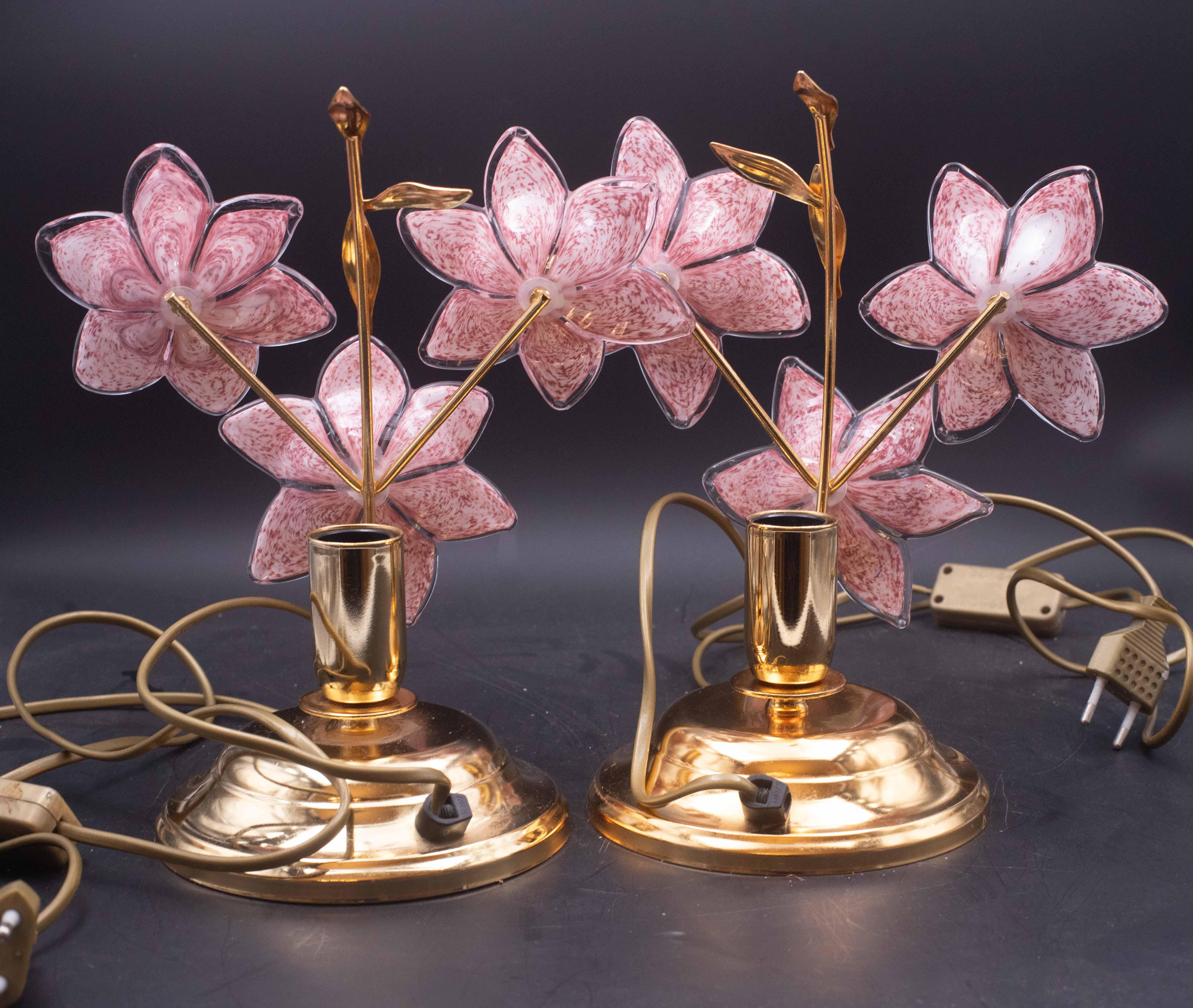 Set of 2 Murano Table Lamps Pink Flower, 1970 For Sale 1