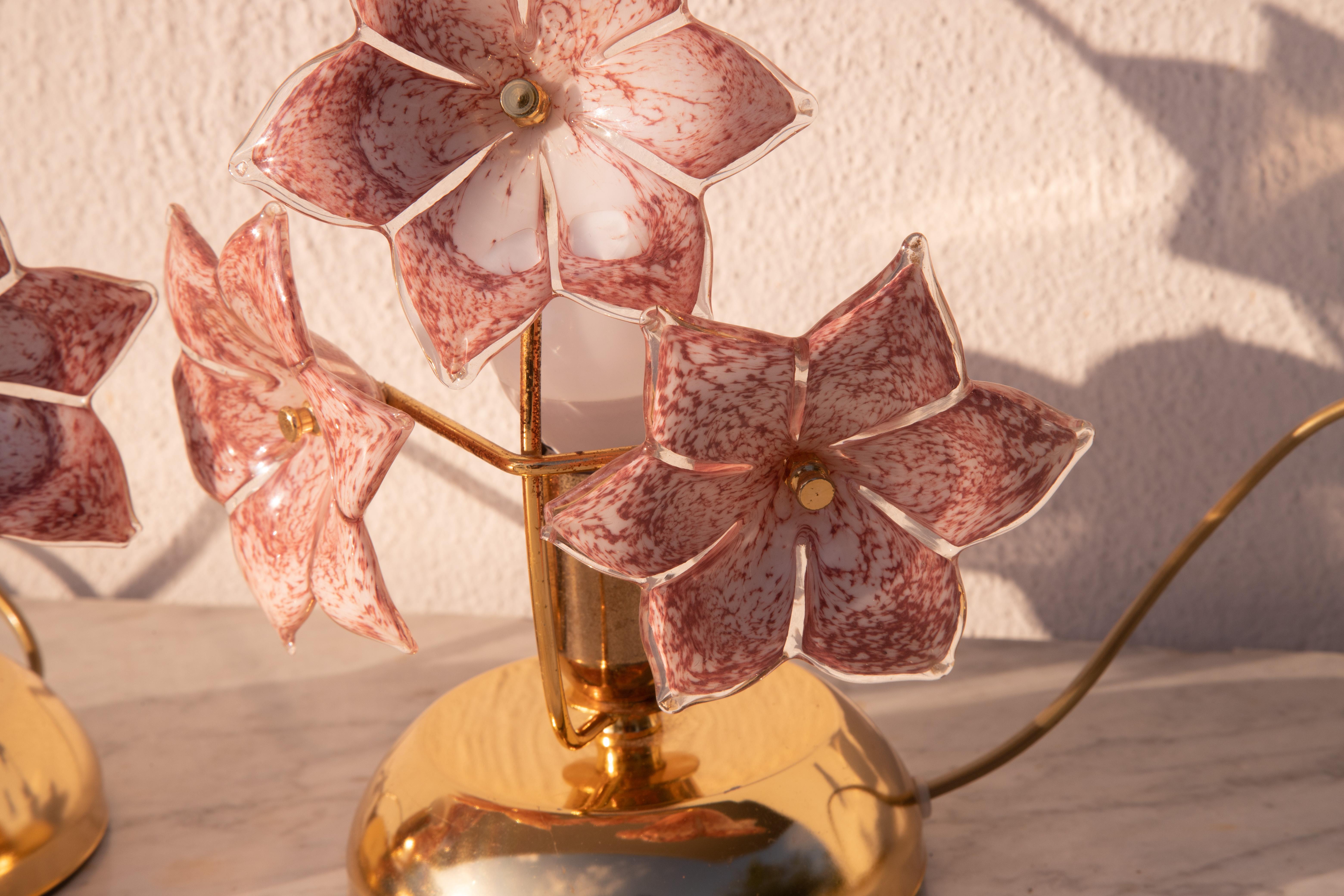 Set of 2 Murano Table Lamps Pink Flower, 1970 For Sale 1