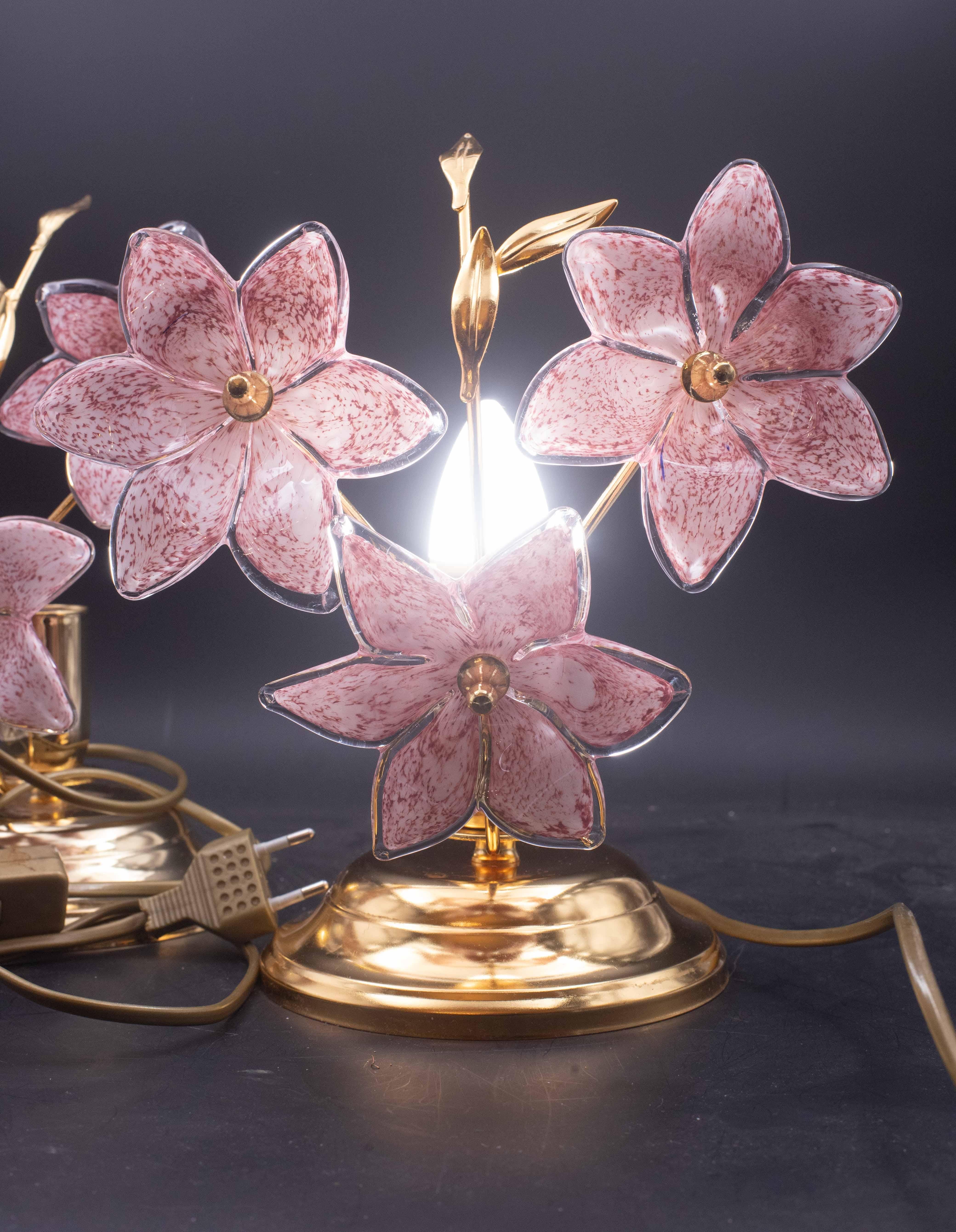 Set of 2 Murano Table Lamps Pink Flower, 1970 For Sale 3