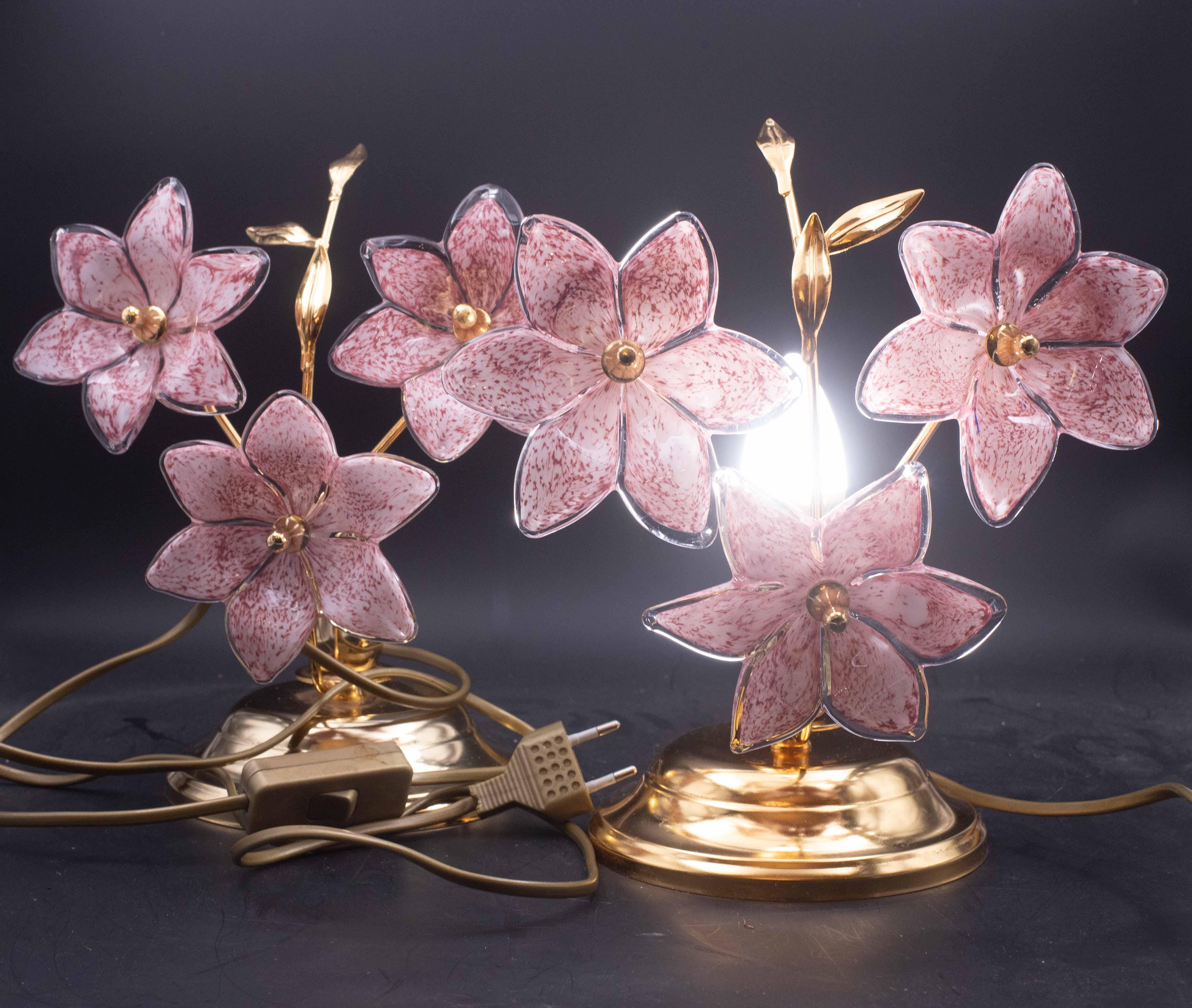 Set of 2 Murano Table Lamps Pink Flower, 1970 For Sale 4